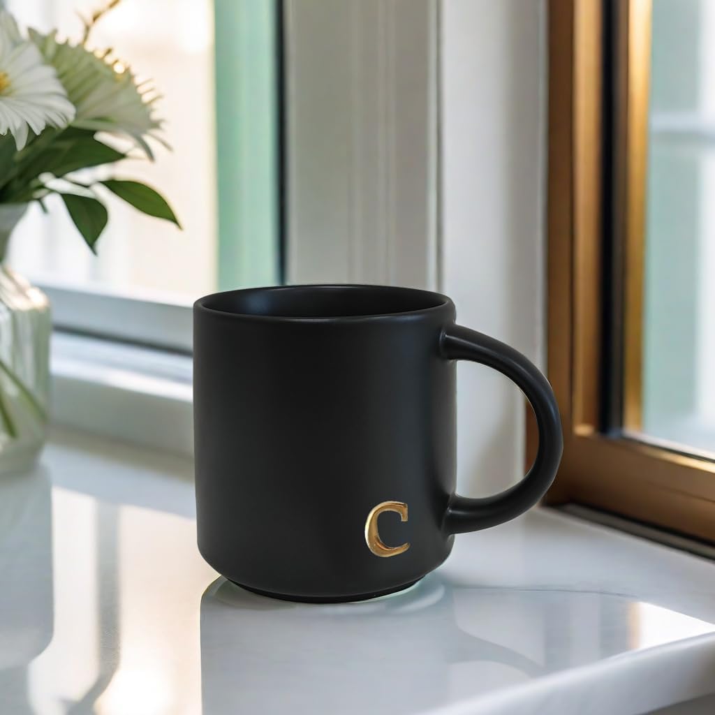 COLLECTIVE HOME - Black Monogram Ceramic Mugs, 15 oz Golden Initial Coffee Cups, Elegant Alphabet Tea Mugs, Personalized Halloween Mug with Gift Box, Perfect for Office and Home Décor (c)