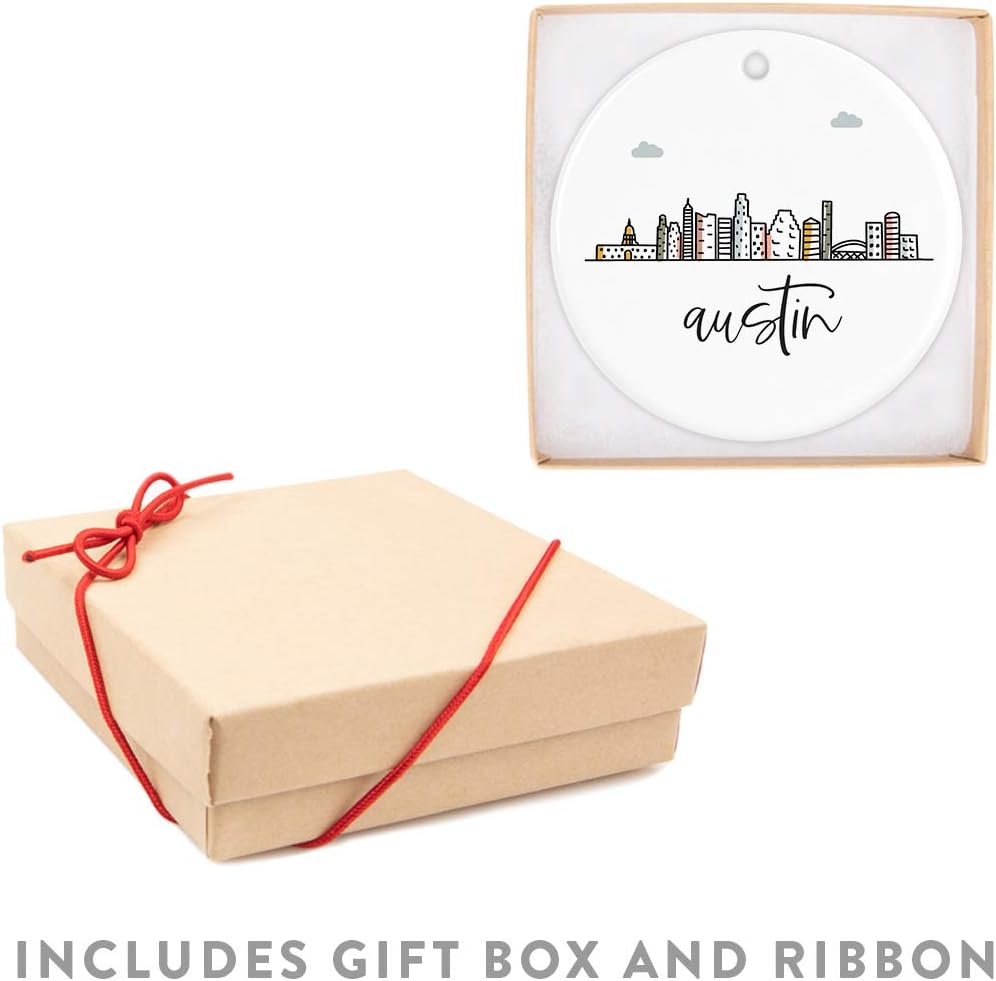 Andaz Press Round Ceramic Porcelain Christmas Tree Ornament Keepsake, Austin Colorful City Skyline Graphic, 1-Pack, Birthday Gift Ideas Family Coworker Him Her, Includes Gift Box