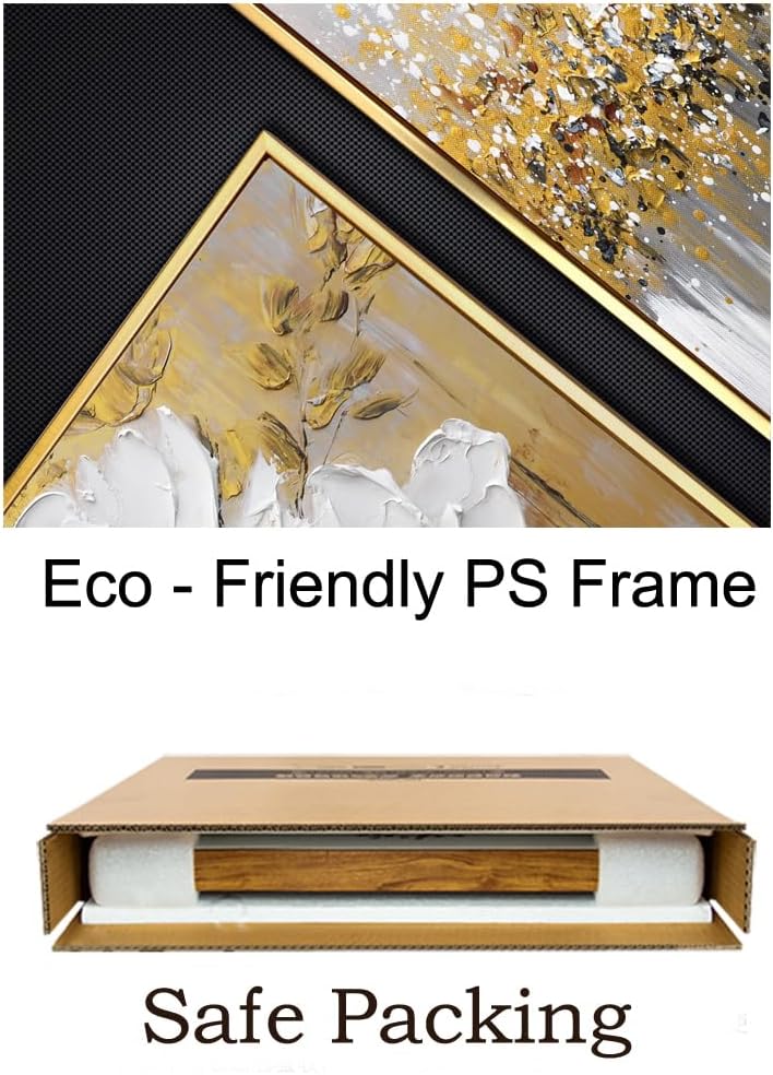 Hand-Painted Flower Oil Painting for Living Room,Framed 3D Gold and White Abstract Wall Art for Bedroom, Large 3 Pieces Floral Wall Painting for Office Home Decor 24x64 inches