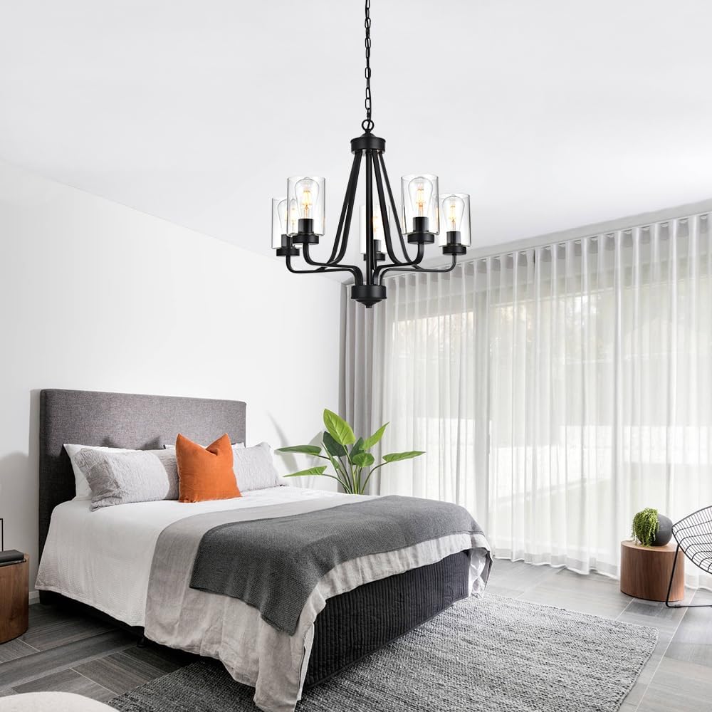 5-Lights Modern Chandelier with Clear Glass Shades, Black Farmhouse Pendant Lighting for Dining Room Kitchen Island Ceiling Light Fixture Haning Over Table