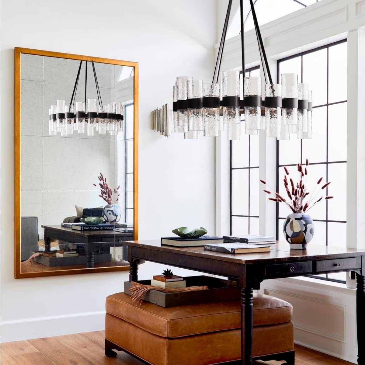 Round Black Glass Wagon Wheel Chandelier, Chandelier with Water Ripple Textured Recycled Clear Glass Piece, Modern Industrial Pendant Light with Metal Frame, Lighting Fixture for Living Room, Foyer