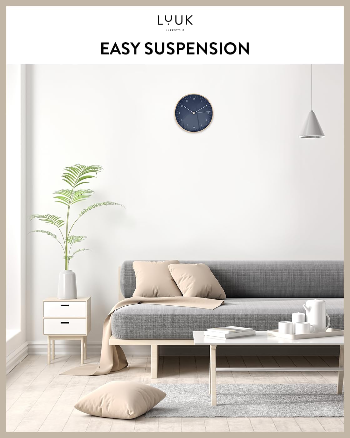 LUUK LIFESTYLE Modern Quartz Wall Clock with Silent Movement, Scandinavian Design, Kitchen and Living Room Clock, Gift idea, Trendy Home Decor, 10 inch, in Dark Blue and Gold