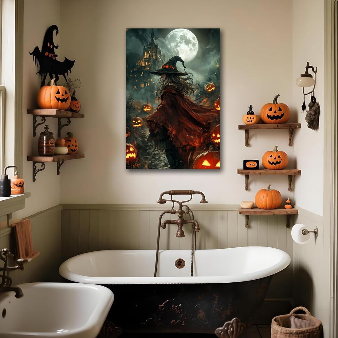 Dark and Moody Gothic Witch Poster Wall Art,Vintage Rustic Witch in Cloak with Castle Pumpkin Road Dark Gothic Poster,Goth Spooky Season Halloween Prints for Fantasy Office,12"x18" Framed