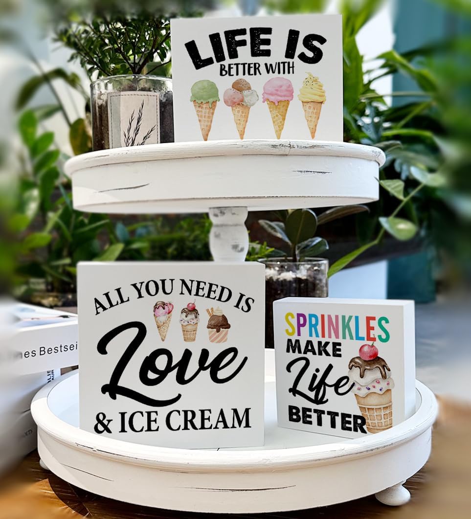3 Pcs Summer Ice Cream Wood Box Signs Decor Farmhouse Summer Ice Cream Tiered Tray Decor Table Desk Shelf Kitchen Decoration Rustic