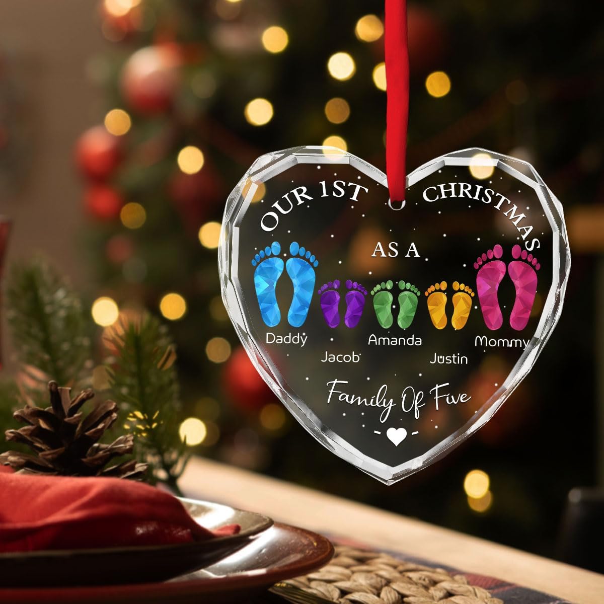 First Christmas As A Family - Personalized Custom Glass Ornament for Family of 6 People and Pets, 1st Xmas Family Ornament 2025 Baby's First Christmas