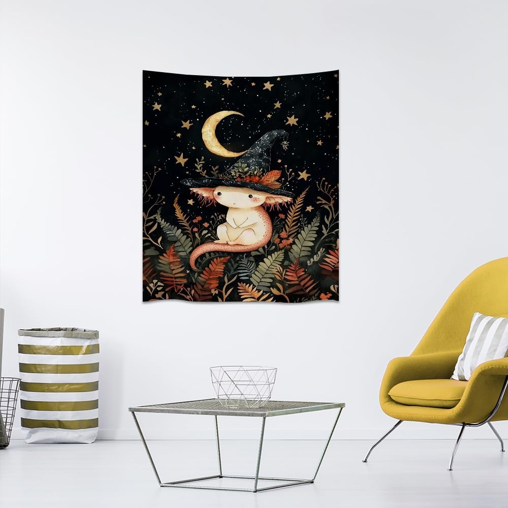 Whimsical Witch Tapestry Wall Hanging Decor Cute Axolotl Tapestry Magical Moon Animal Nursery Decoration Halloween Tapestries wall art for Home Kids Bedroom Living Room 30x40inch