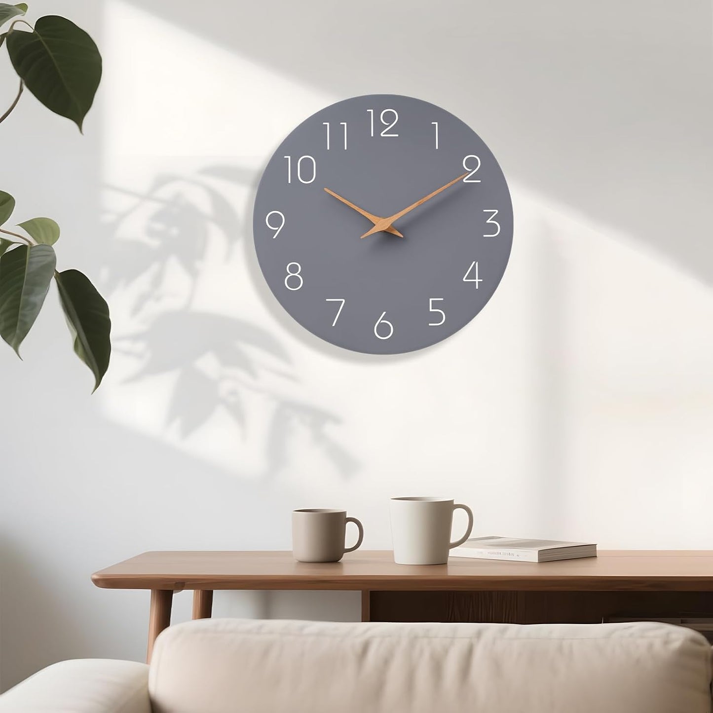 Mosewa Wall Clock 8 Inch Gray Battery Operated Silent Non Ticking Simple Modern Wood Clock Decorative for Bedroom Living Room Kitchen Home Bathroom Office