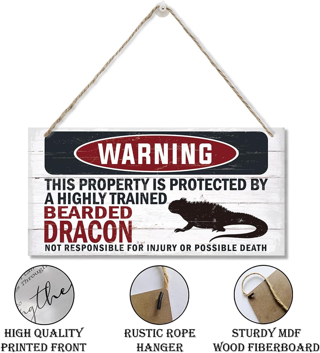 Warning Sign, Bearded Dracon Warning Wood Plaque Sign, Funny Door Signs, Decorative Wood Hanging Suspension Plaque, Farmhouse Wooden Wall Decor, Outdoor Hanging Wooden Signs