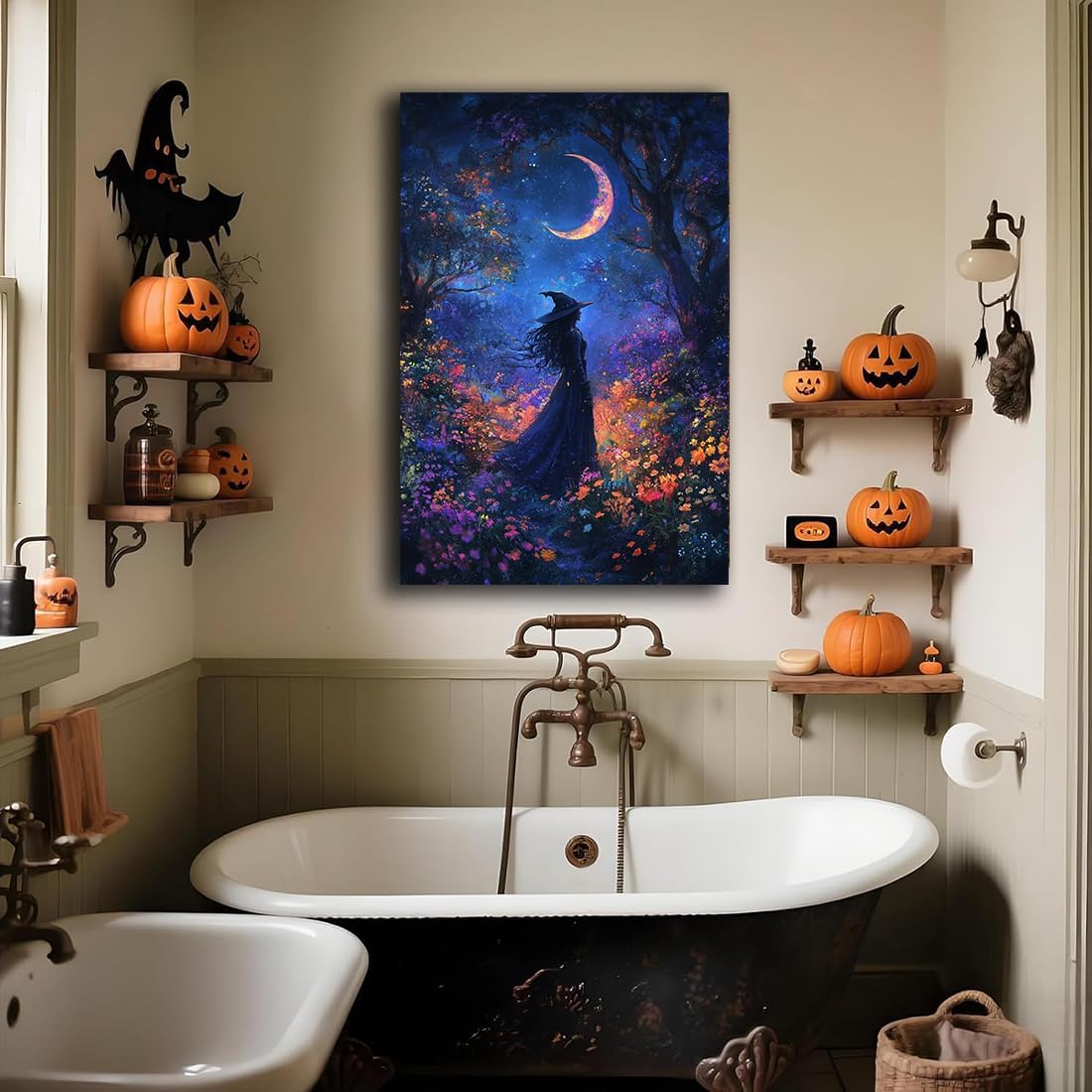 Vintage Halloween Witch Decor Mystic Gothic Wall Art Poster,Enchanting Witch Fall Whimsical Wildflowers Woodland Forest Crescent Moon Picture Art,Creepy Witchy Home Decor,16"x24" Framed