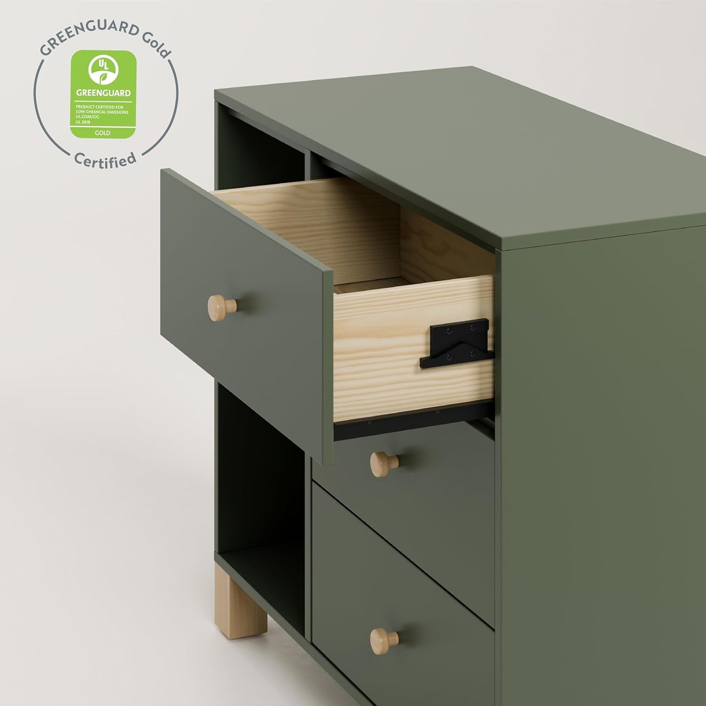 Storkcraft California 3 Drawer Combo Dresser (Olive with Driftwood) – GREENGUARD Gold Certified, Interlocking Drawer System, Pre-Installed Drawer Tracks for Easier Assembly, Spacious Cabinet
