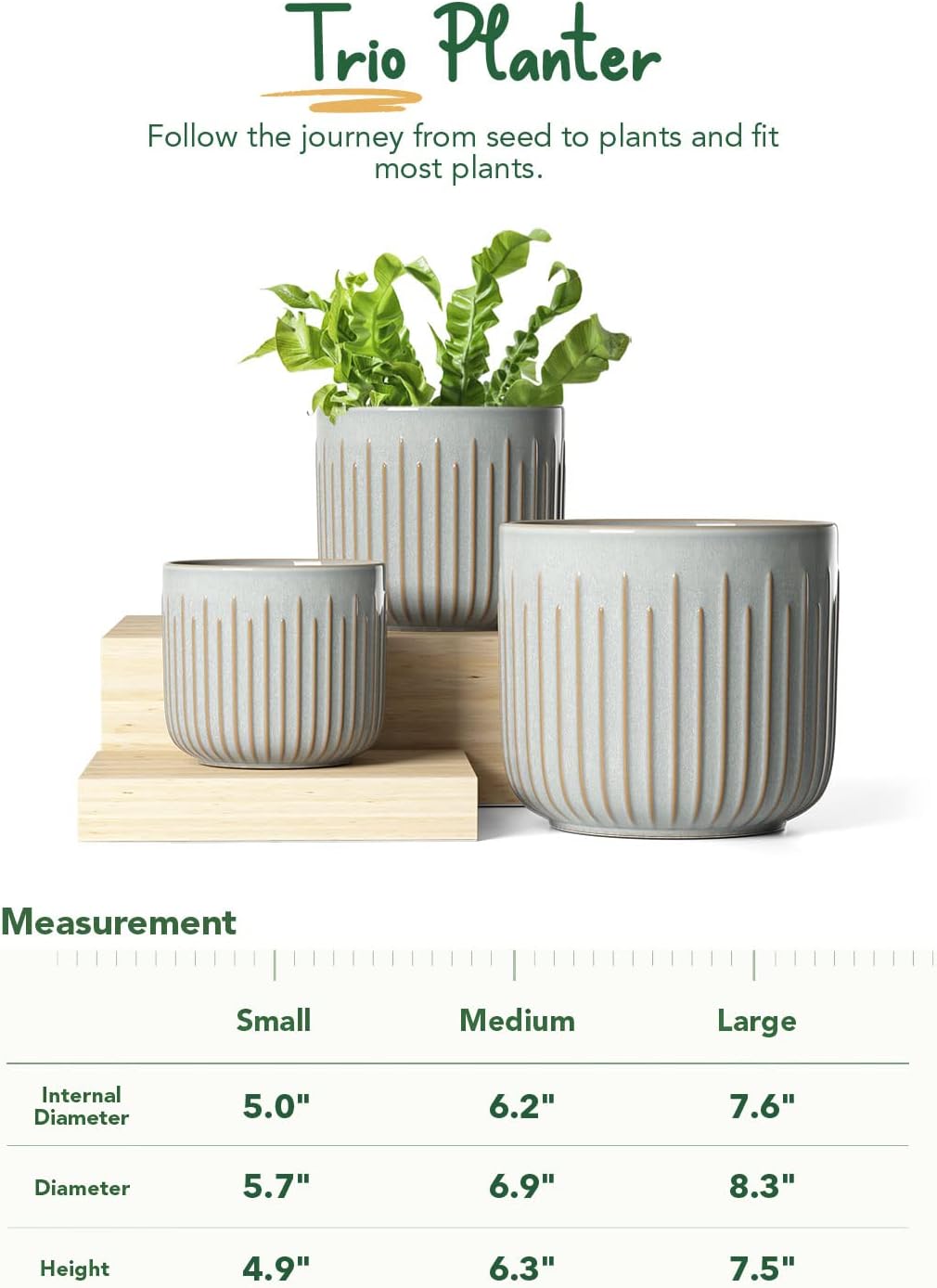 LE TAUCI Fluted Ceramic Planters Set of 3 – 8.3/7 / 5.7 in Star White Reactive Cylinder Indoor Plant Pots with Drainage Plug & Mesh, Glossy Stoneware Flower Pots for Succulents Herbs