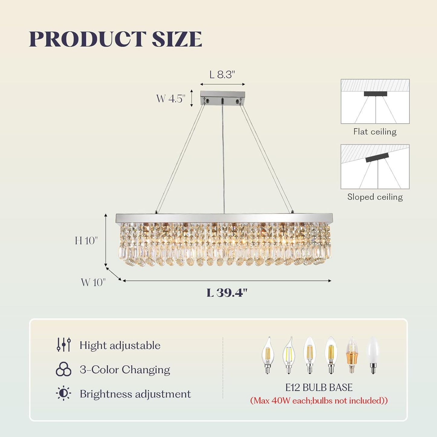 Modern Rectangular Crystal Chandeliers,8 Lights Rectangular Pendant Light Fixture,Adjustable Height K9 Crystal Chandelier for Dining Room L40''xW10''xH10''