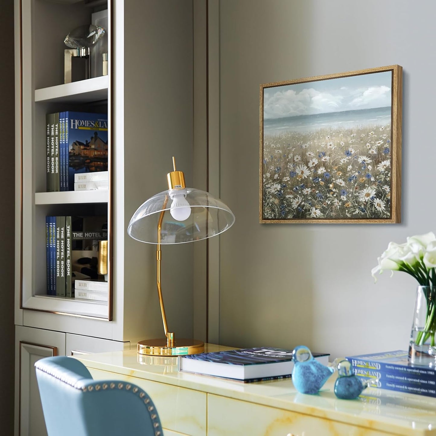 amatop Framed Wall Art Bathroom Décor Boho Beach Coastal Vintage Floral Wall Picture Flower Daisy Flowers by Sea Canvas Print Nautical Small Artwork For Home Farmhouse Living Room Bedroom Office