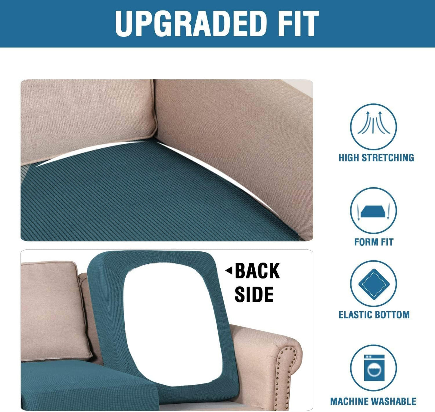 H.VERSAILTEX Super Stretch Individual Seat Cushion Covers Sofa Covers Couch Cushion Covers Slipcover Sets Thick Jacquard Textured Twill Fabric (2 Piece Medium Sofa Cushion Covers, Deep Teal)