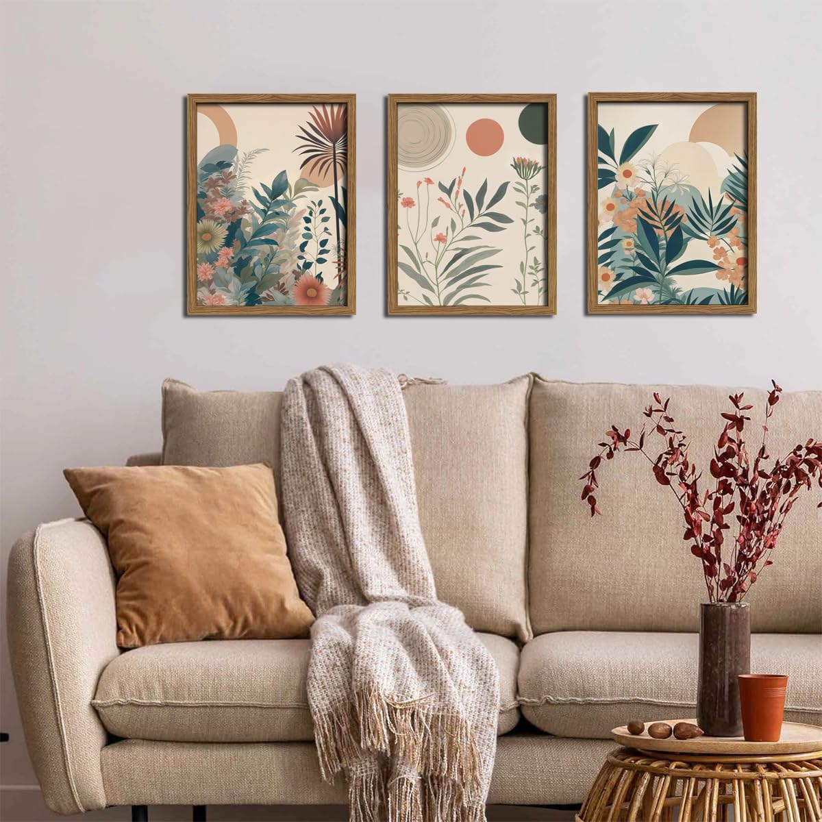 Marllifenney Wood Framed Orange Plants Canvas Wall Art Set of 3 Boho Botanical Wall Decor Abstract Floral Poster Modern Nature Prints Painting Picture for Living Room Bedroom Kitchen Office 16x24in