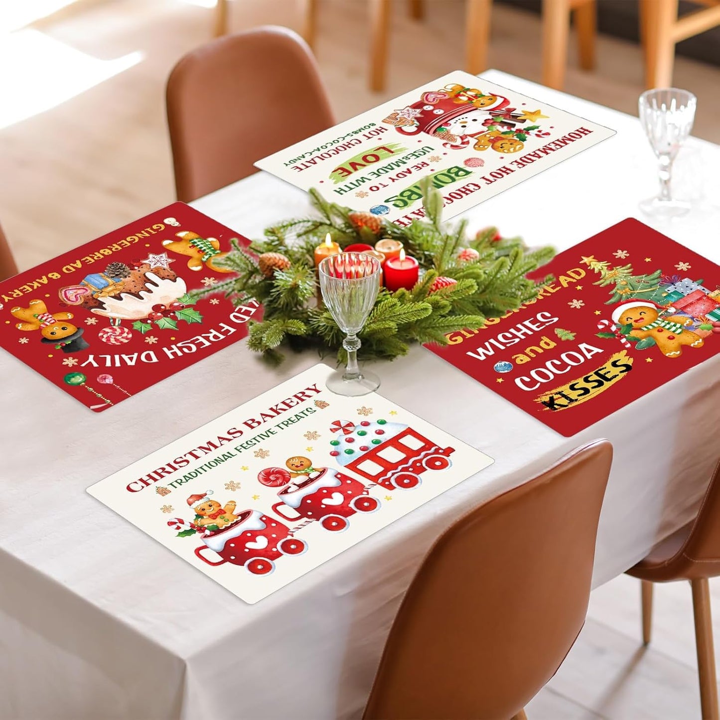 Gingerbread Christmas Placemats Set of 6 Gingerbread Candy Plastic Table Mats Hot Cocoa Place Mats Xmas Gnome Tree Washable Table Decoration for Indoor Outdoor Party Kitchen Dining