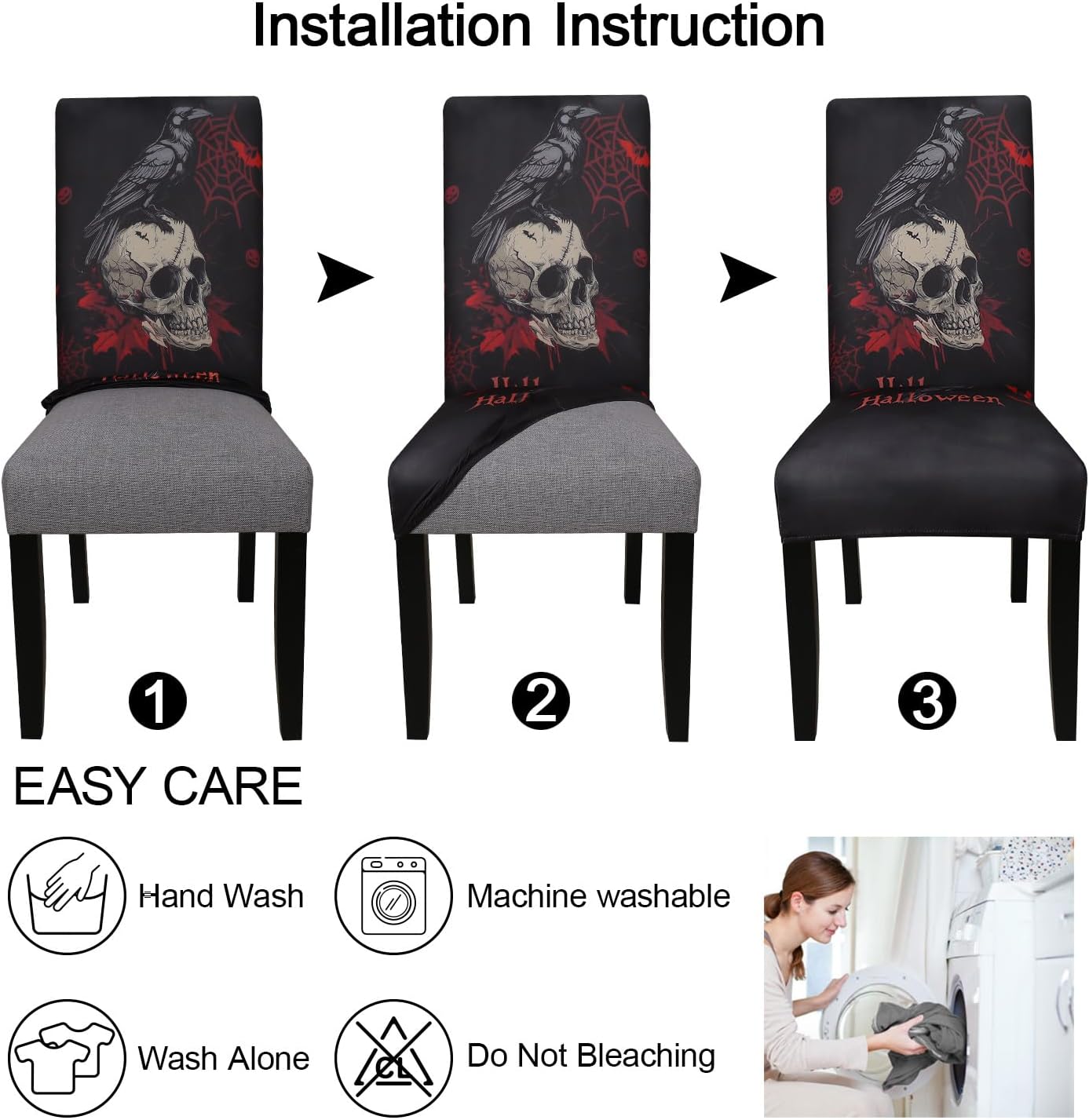 JQinHome Black Halloween Chair Slipcover,Skull Chair Covers Set of 4, High Stretch Washable Chair Protector Cover for Dining Room, Kitchen,Home Party,Wedding Ceremony(Skull Black,4PC)