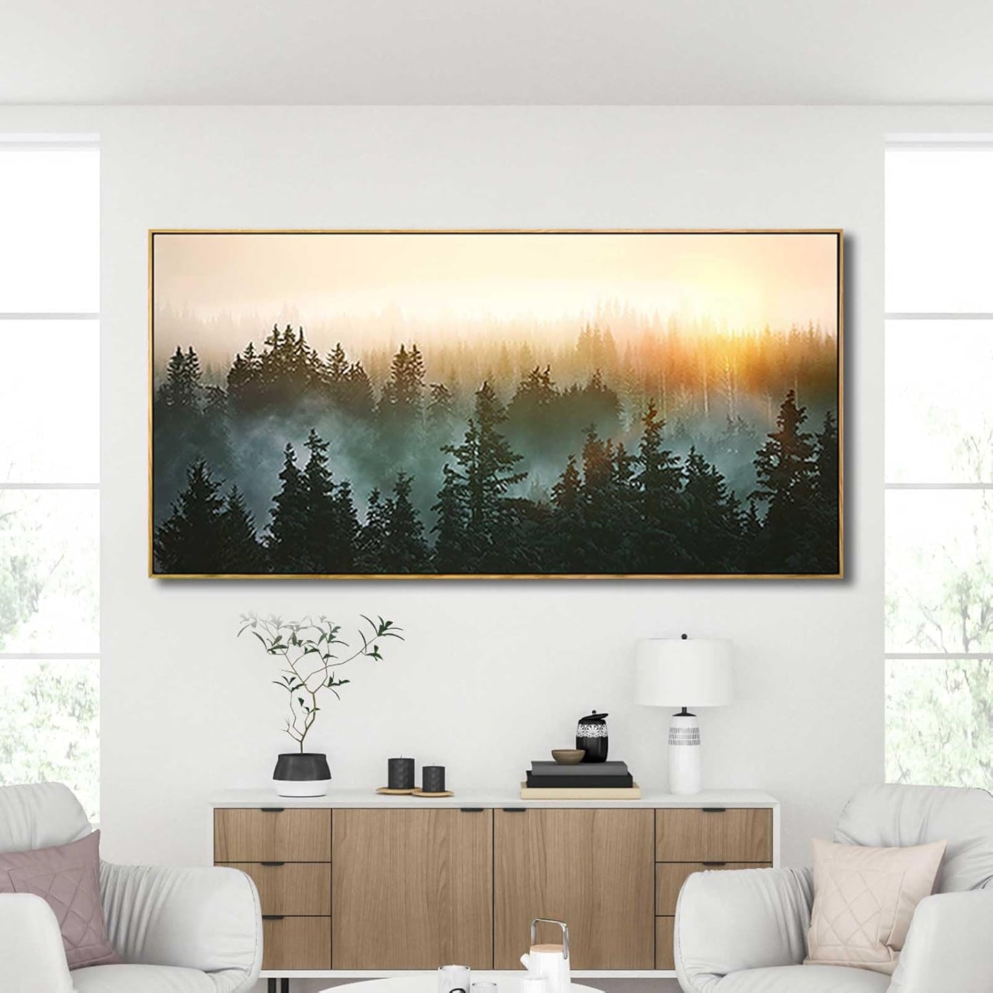 Large Artwork Foggy Forest Canvas Wall Art Landscape Mountain Painting Wall Art for Bedroom Living Room Kitchen Office Framed Wall Art 30x60 Inch