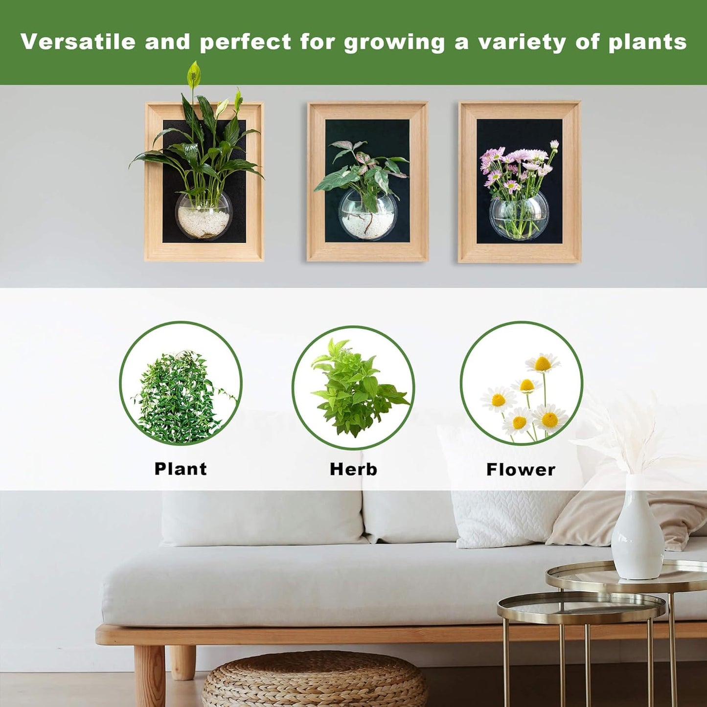 Natural Wooden Frame Wall Hanging Planter for Hydroponic Plants, 12'' x16''inch Wall Vase with Round Acrylic Propagation Station,Bathroom, Office, or Living Room Décor, Set of 3