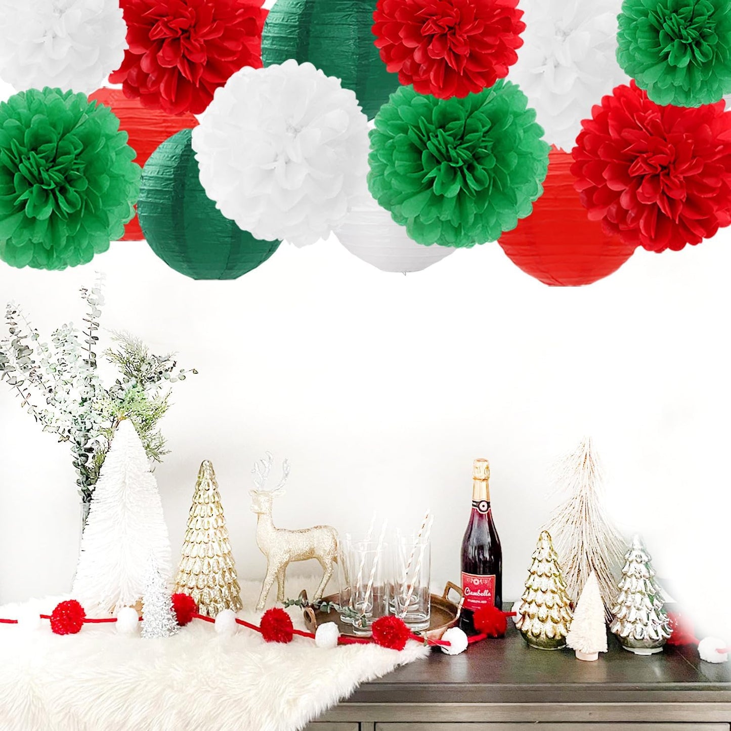 Red-Green White Party-Decorations Christmas Flowers Lanterns - 15PCS Italian Mexican Independence Day Paper Tissue Pom Poms Streamers,Mexico Italy Birthday Baby Shower Wedding Hanging Decor Hugfond