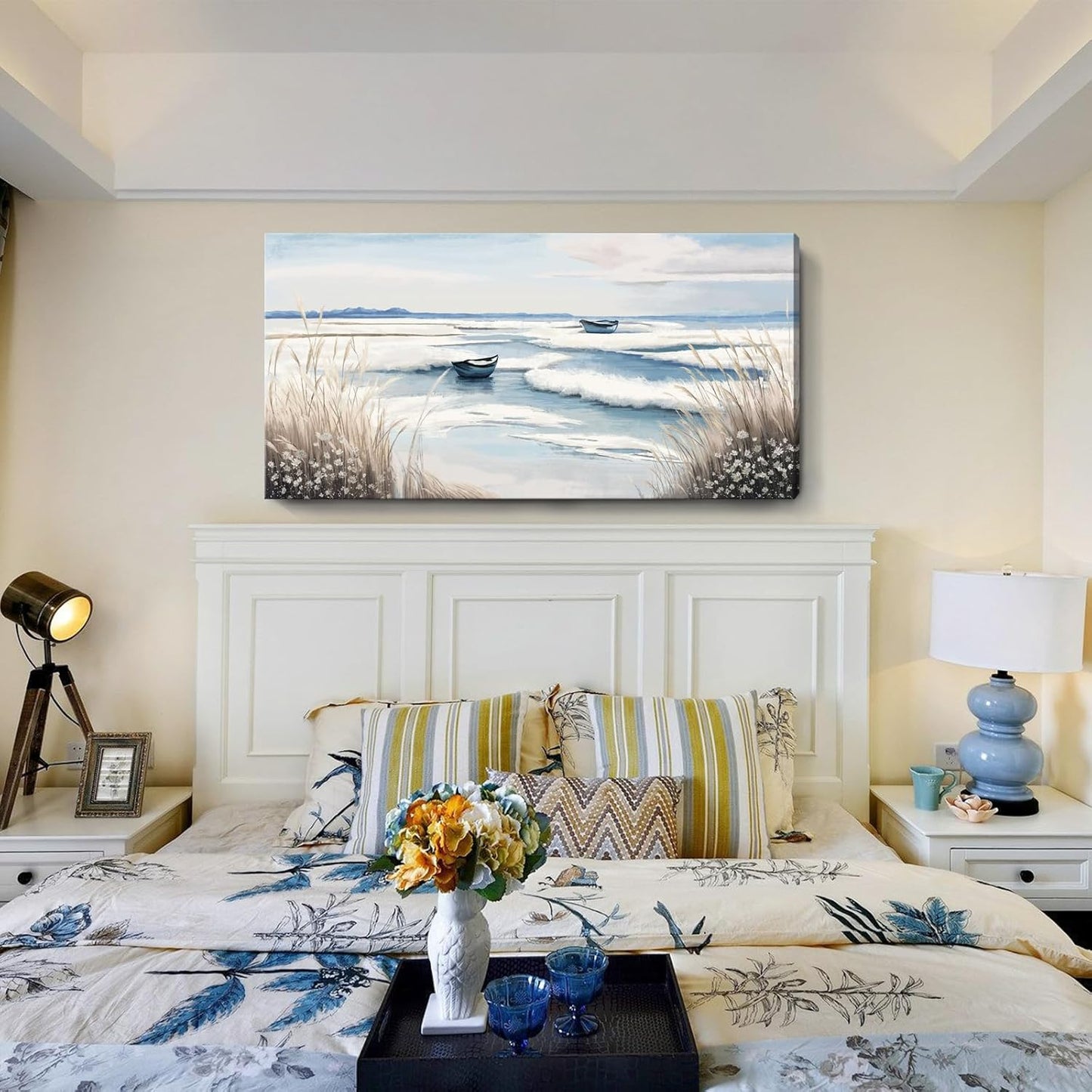 amatop Large Canvas Art Wall Decor for Bedroom Living Room –Rustic Coastal Ocean Artwork for Walls with Sailboat and Waves – Blue and White Nautical Beach Seascape Canvas Print 48x24 Inch