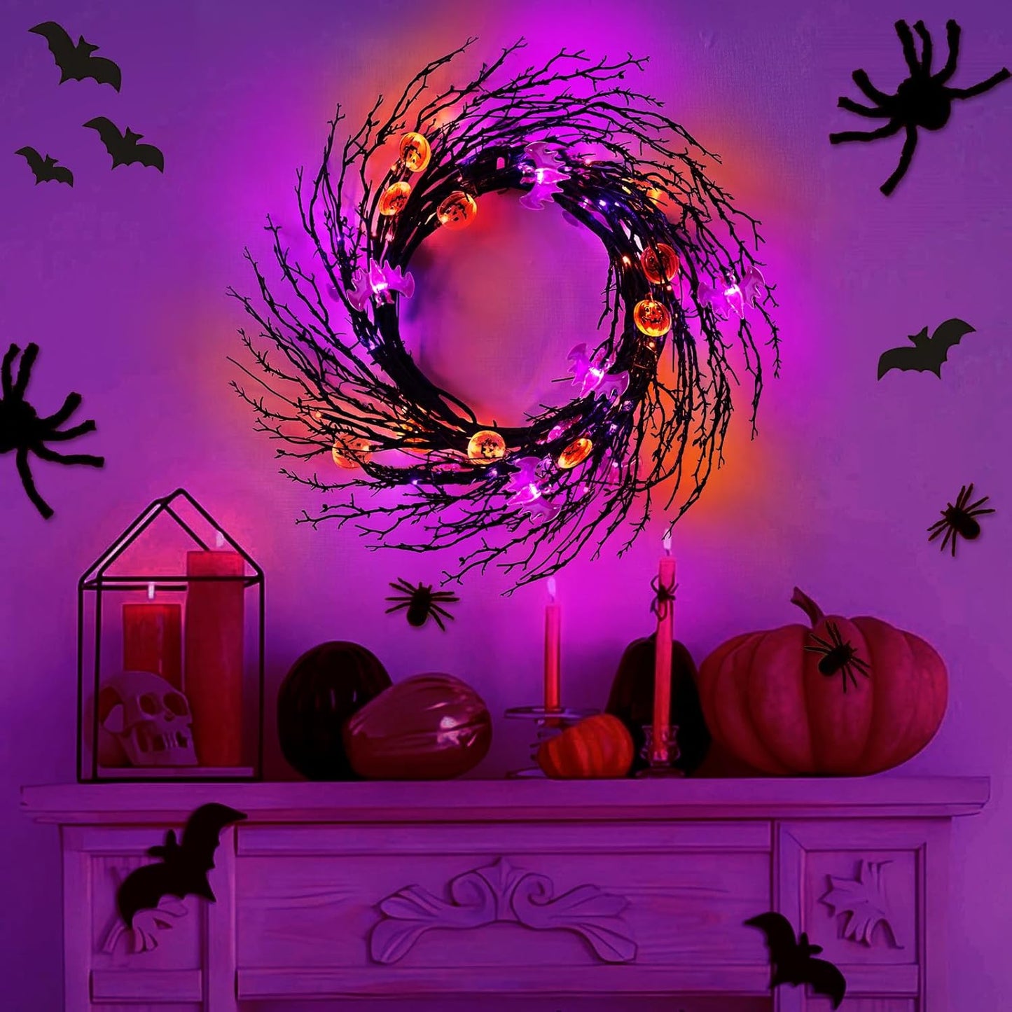 7 Ft 63 LED Halloween Willow Vine Twig Garland with 8 Modes Timer Orange Purple 21 Pumpkin Bats Lights,Halloween Garland with Waterproof Battery Operated for Indoor Wall Fireplace Decorations