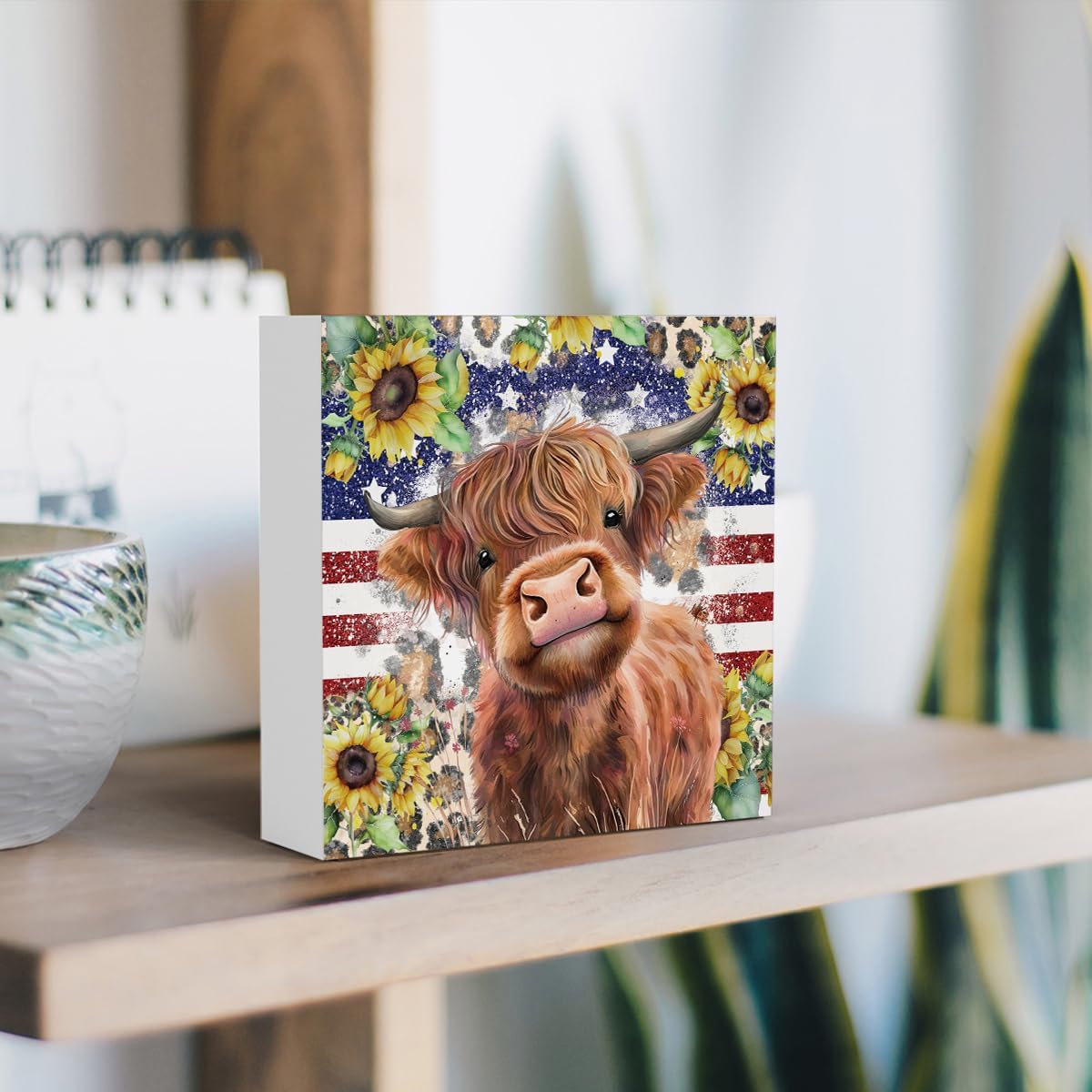 Cute Highland Cow Patriotic Baby Decor, Highland Cow Sunflower Decor, Wooden Box Decor Sign for Home Farmhouse Office Living Room Table Shelf