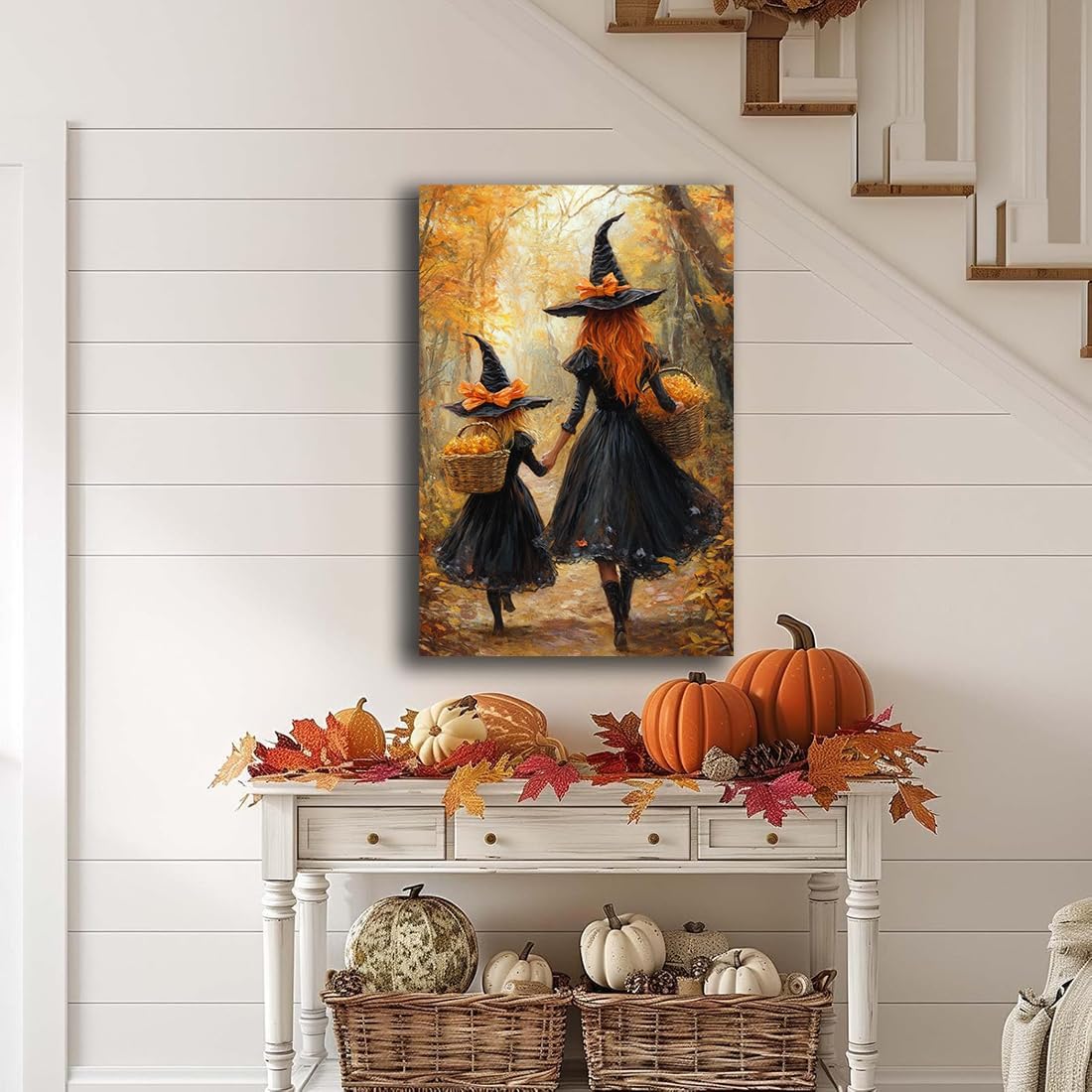 Mother Witch And Child Daughter Witch Wall Art,Halloween Autumn Woodland Forest Path Picture,Family Room Nursery Playroom Kids Room Decor,16"x24" Unframed