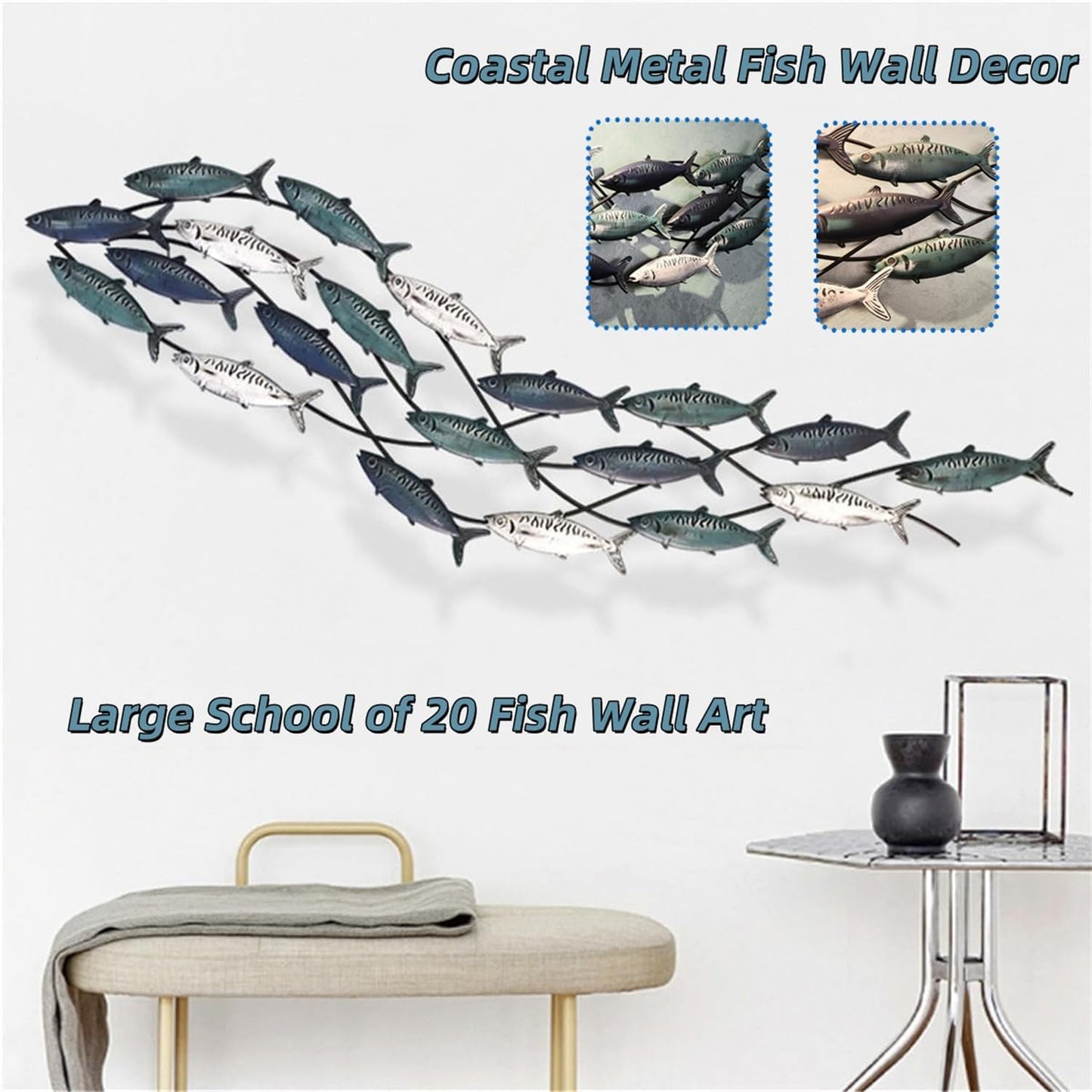 Coastal Metal Fish Wall Decor, Large Nautical Fish Wall Décor,School of 20 Fish Wall Art,3D Fish Wall Sculpture,Fish Metallic Art Decor,Perfect for Living Room,Bedroom,Beach Or Boat Decor,59" X 16.5"