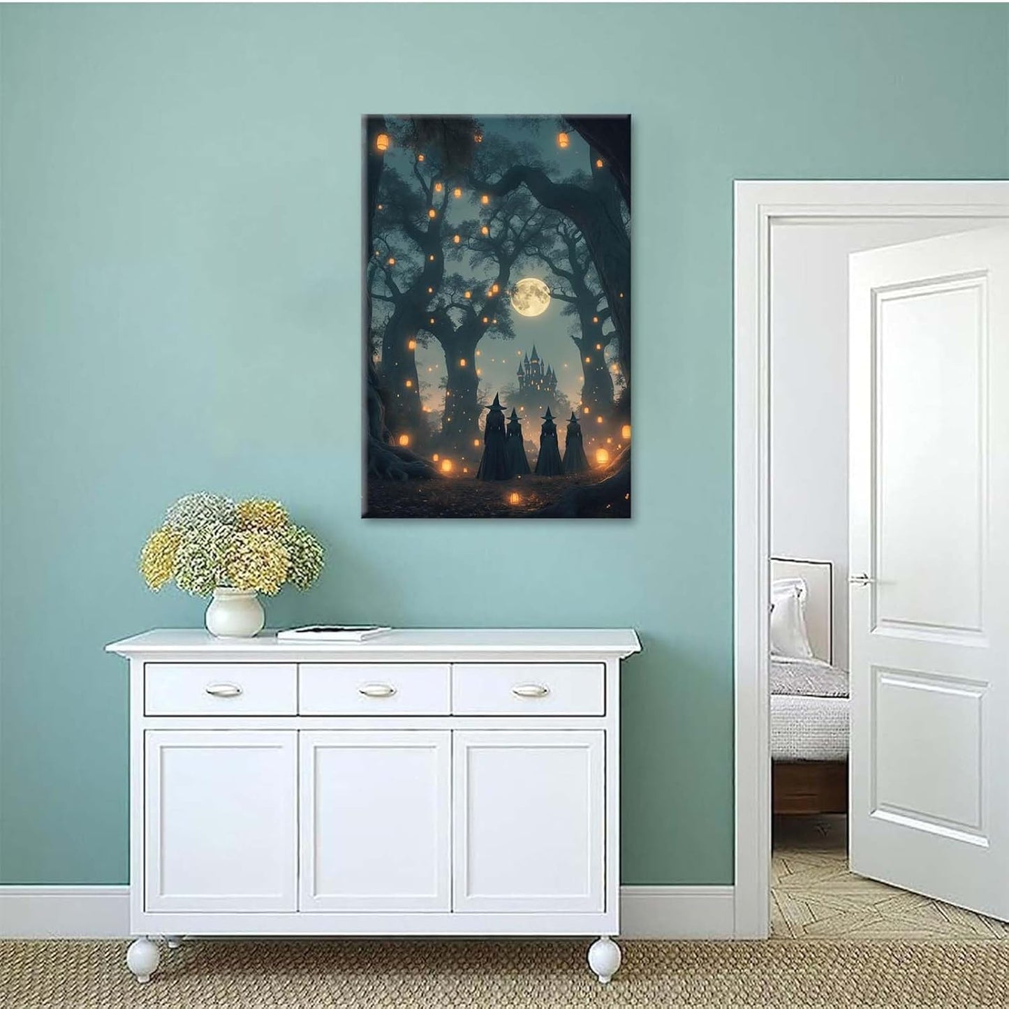 Mysterious creek painting witch and castle in magic forest art print canvas gothic print dark college decoration poster for home bedroom16x24in Wood Framed