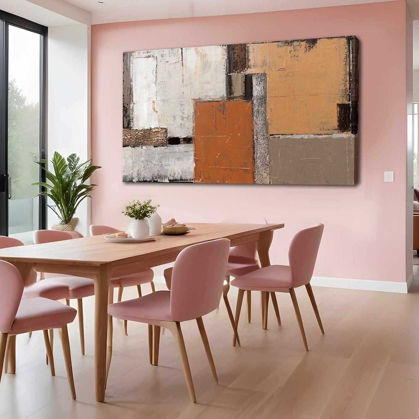 Orange Abstract Canvas Photo Prints Living Room White Artwork Brown Block Painting for Room 29"x 58" Office Wall Art Bedroom Hallway Decor