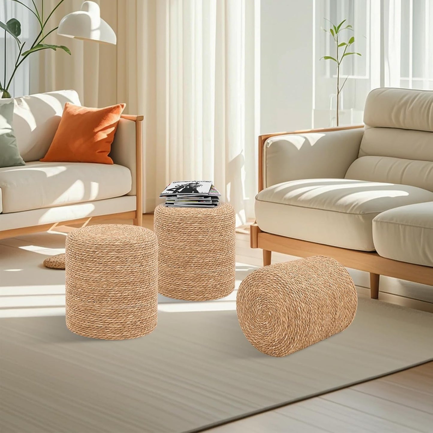 16'' Round Ottoman Natural Seagrass Braided Poof Hand Weaving Round Ottomans Boho Footrest Stool for Home Living Room Bedroom Patio(Natural)