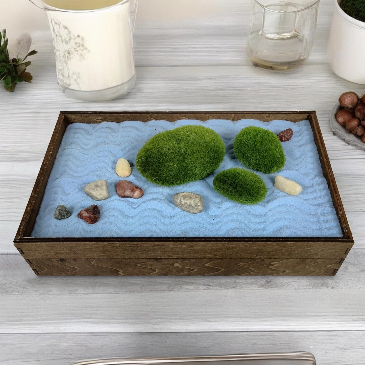 Wooden Stackable Zen Garden | Blue Oasis Sand with Rake & Accessories | Minimalist Decor Gift for Relaxation