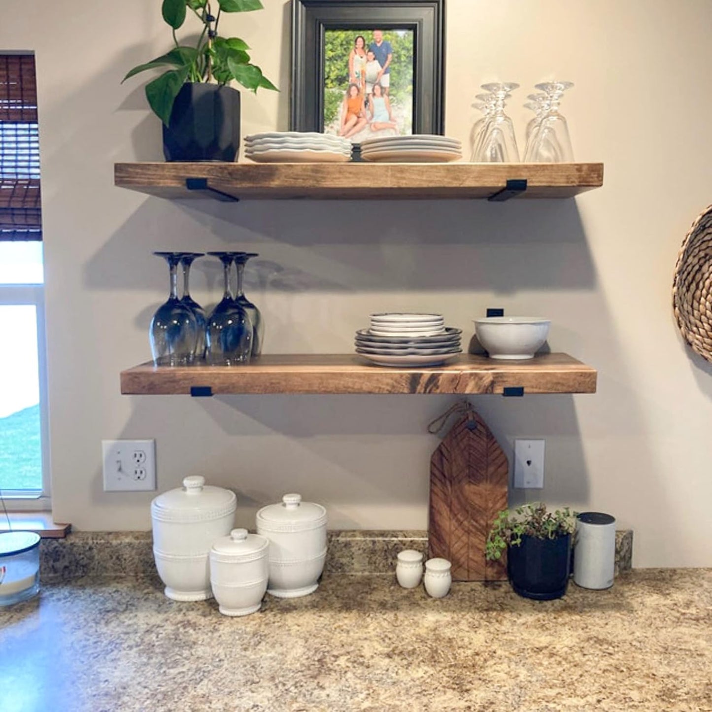 URBANDI, Rustic Floating Shelves, Set of 2, Hidden Bracket, Solid Wood, Heavy Duty, Wall Mounted Shelves, (Brown, 36Wx12D)