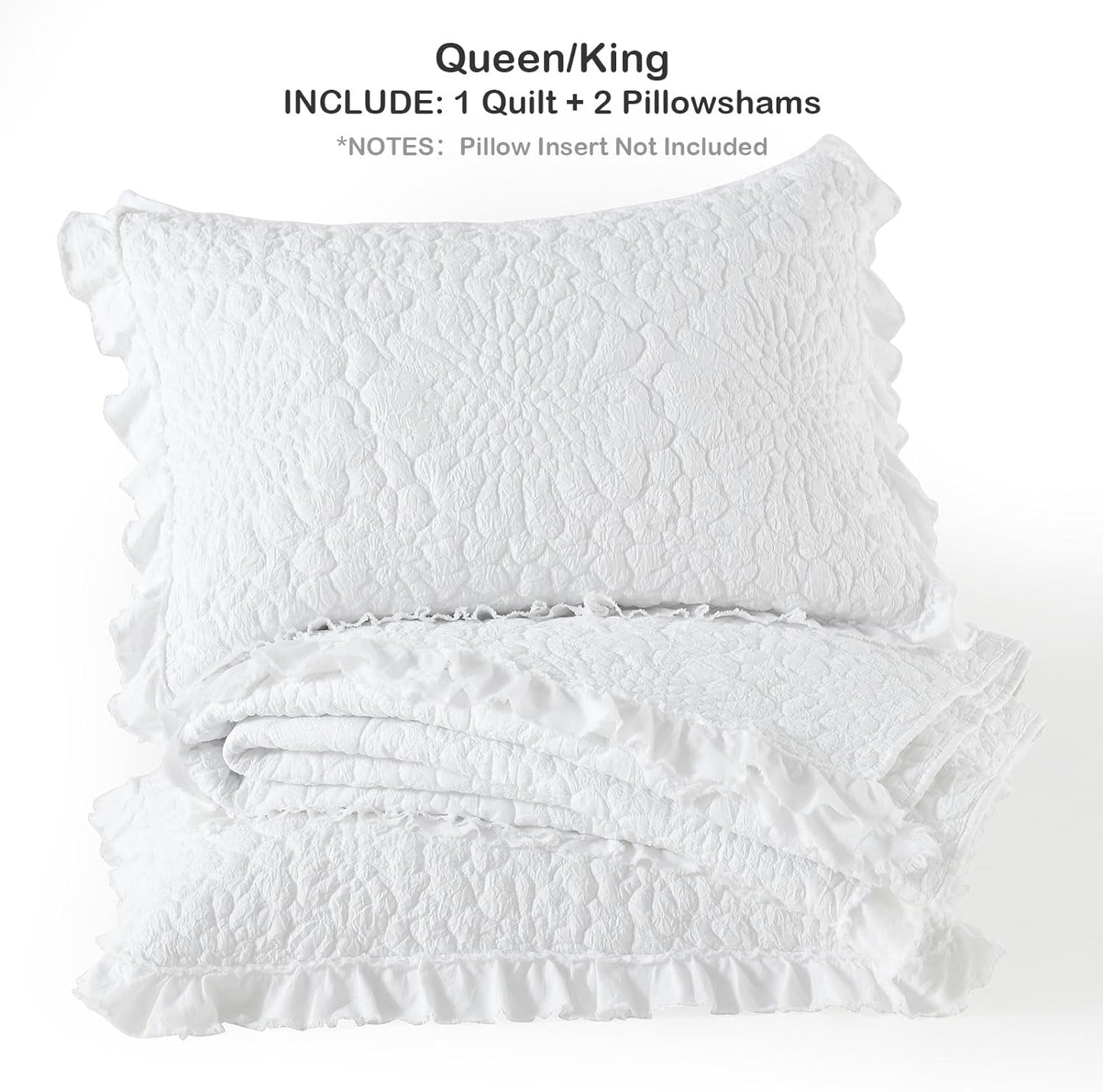 HORIMOTE HOME White Ruffled Quilt Queen Size, Stone-Washed Microfiber Lightweight Crinkled Farmhouse Rustic Shabby Chic Bedding Set, 3 Pieces Reversible Bedspread with Pillow Shams for All Season