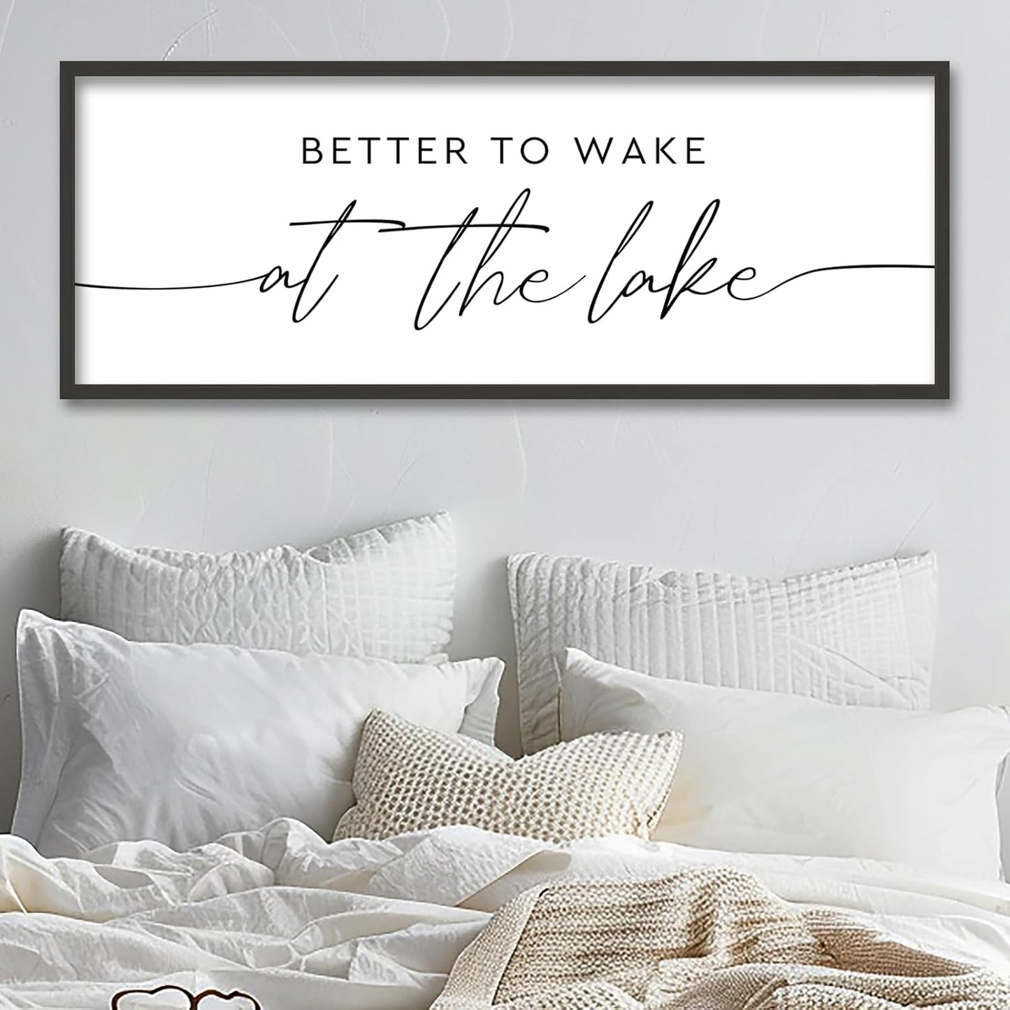 SRSZHIYUE Better To Wake At The Lake Wall Decor Above Bed Sign 32"×12" for Lake House Bedroom Over Bed Large Wood Framed Wall Hanging Art (Black)