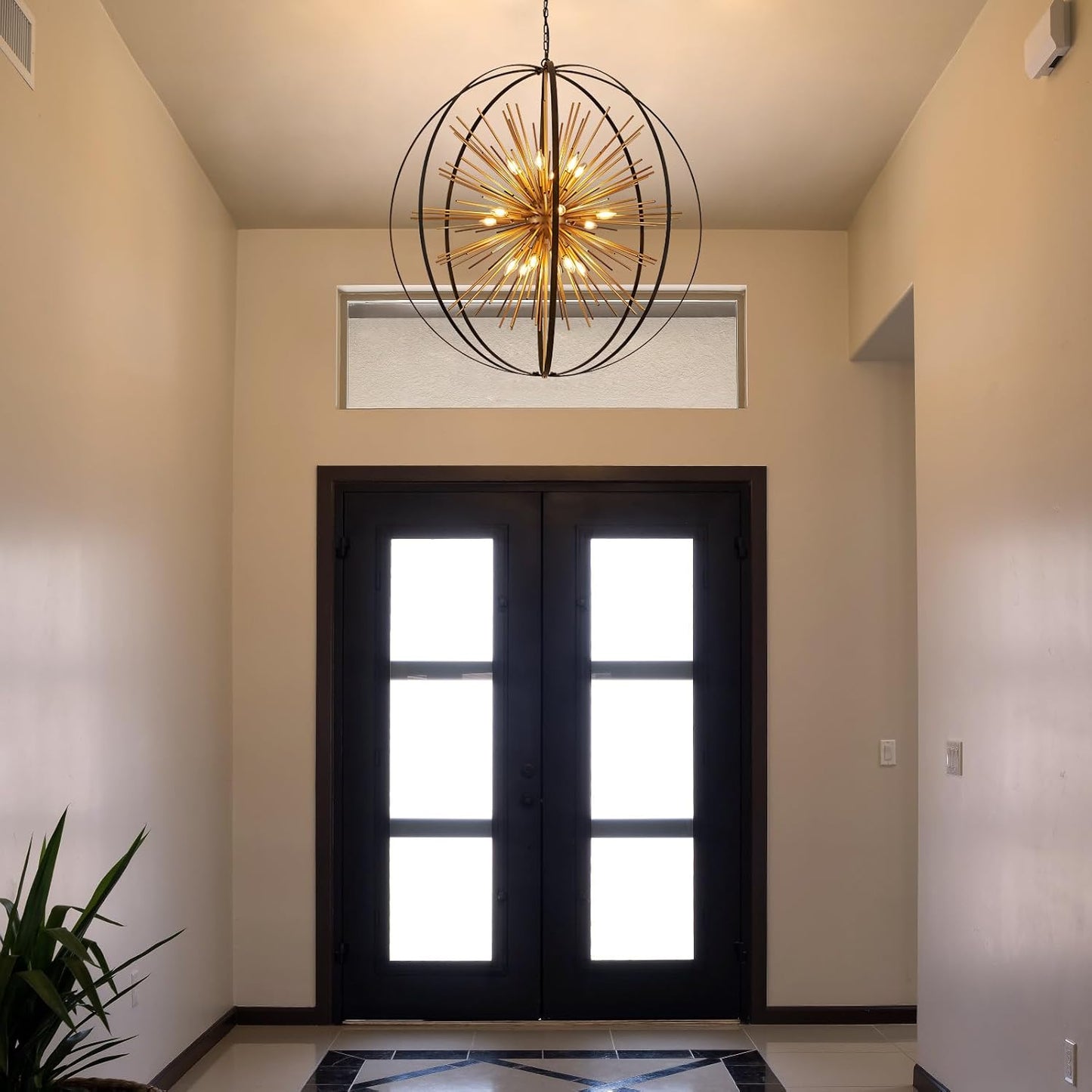 43.3" Black Gold 18-Light Globe Sputnik Chandelier Modern Adjustable Hanging Ceiling Firework Pendant Light Fixture for Entryway Foyer Stairway Kitchen Dining Living Room Hallway