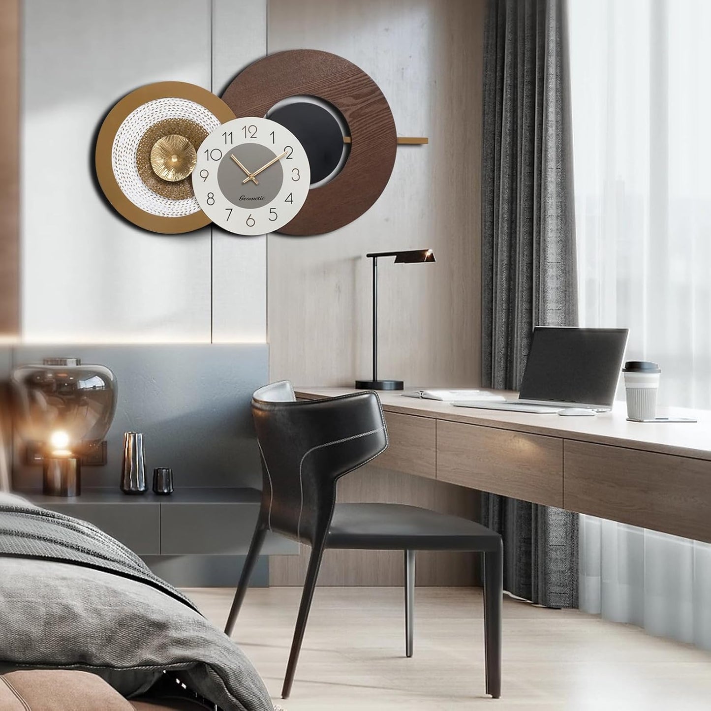 Large Mid Century Wall Clock for Living Room Modern Big Wall Clocks Wood with Metal Battery Operated Wall Clocks Light Luxury Time Clocks Suitable for Home,Bed Room,Kitchen,Office 27X16inch