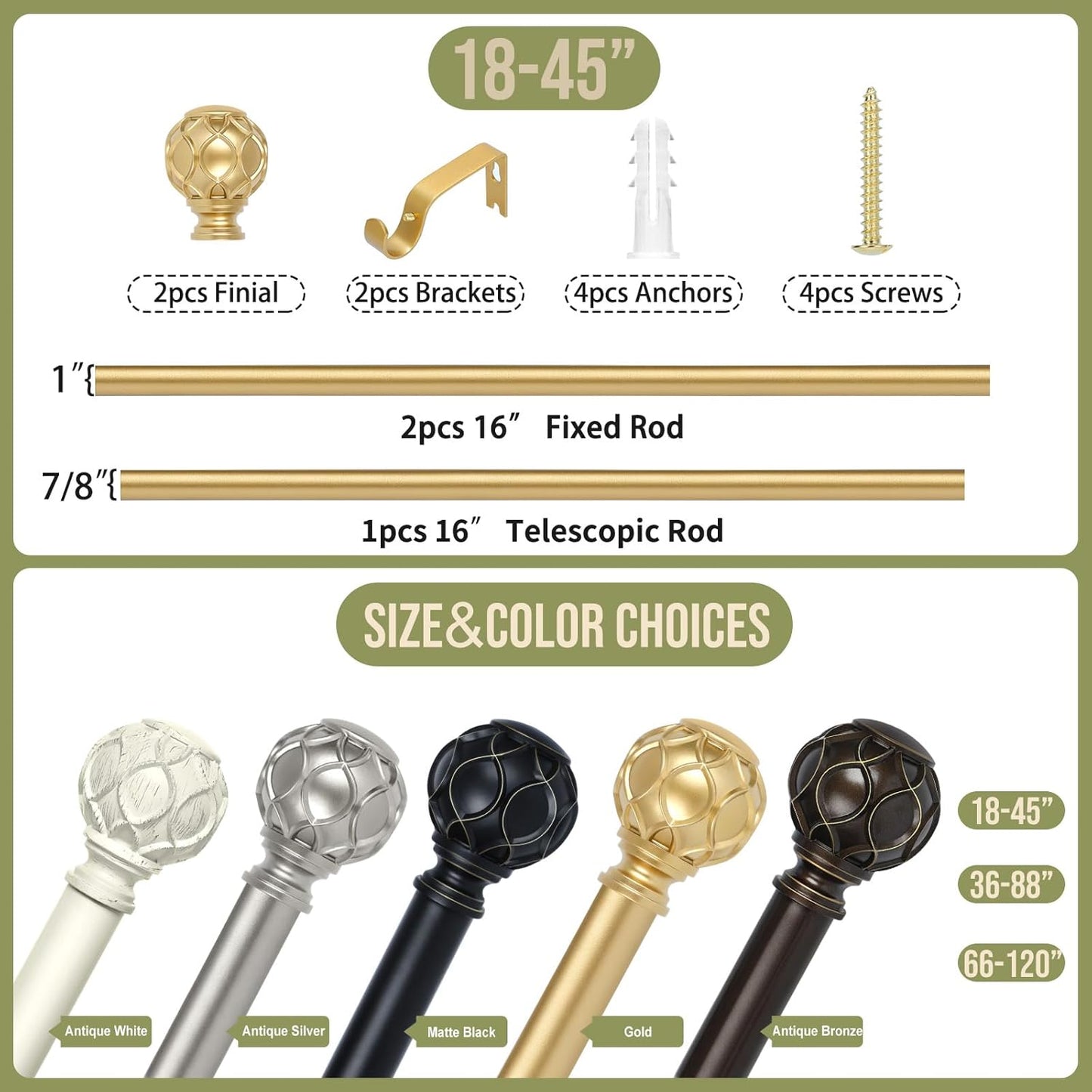 Gold Adjustable Curtain Rods for Windows:18-45 Inch Farmhouse Heavy Duty Curtain Rod for Bedroom Living Room,Boho Decorative Rustic Drapery Rods with Vintage Coastal Texture Finial,Brass Gold