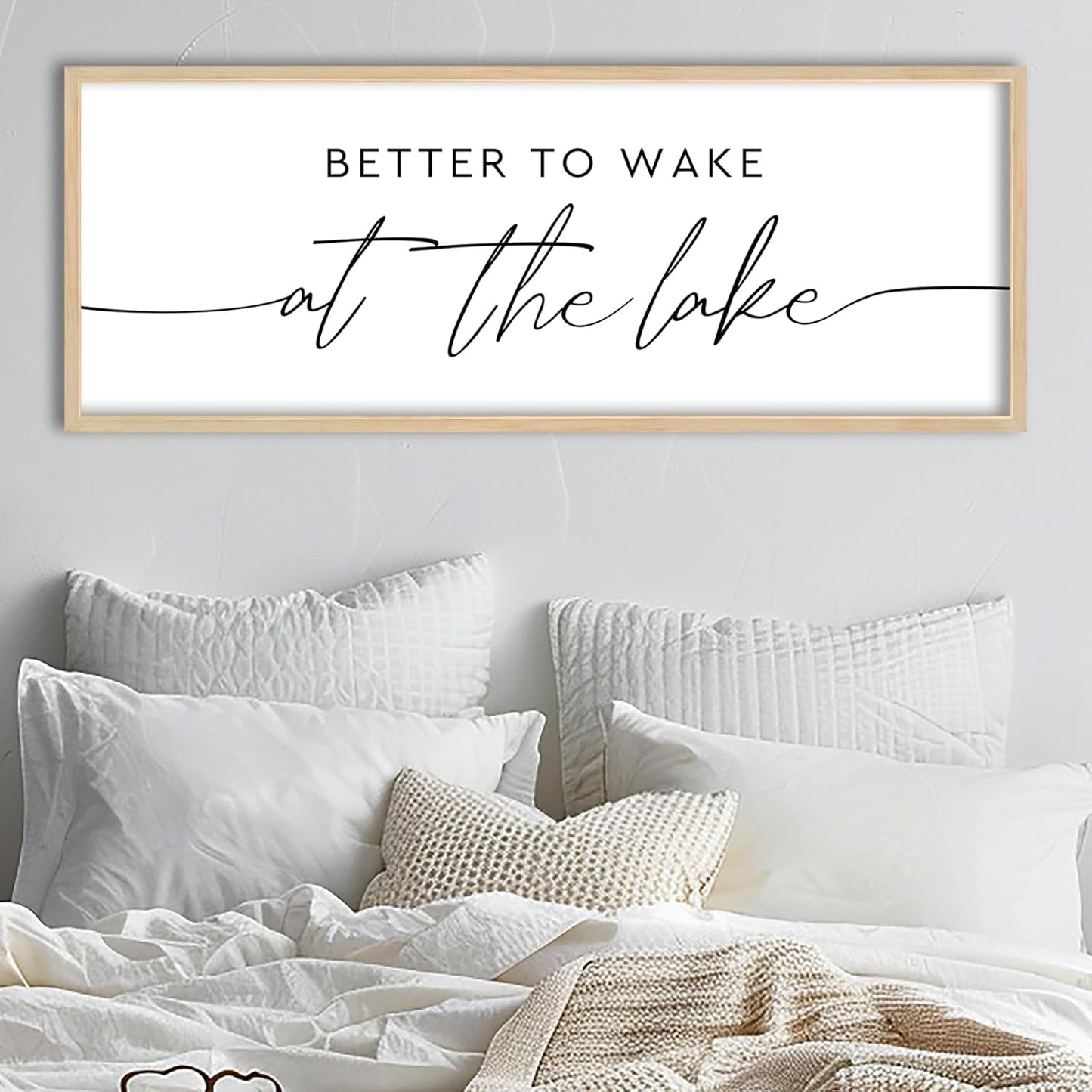 SRSZHIYUE Better To Wake At The Lake Wall Decor Above Bed Sign 32"×12" for Lake House Bedroom Over Bed Large Wood Framed Wall Hanging Art (Wood)