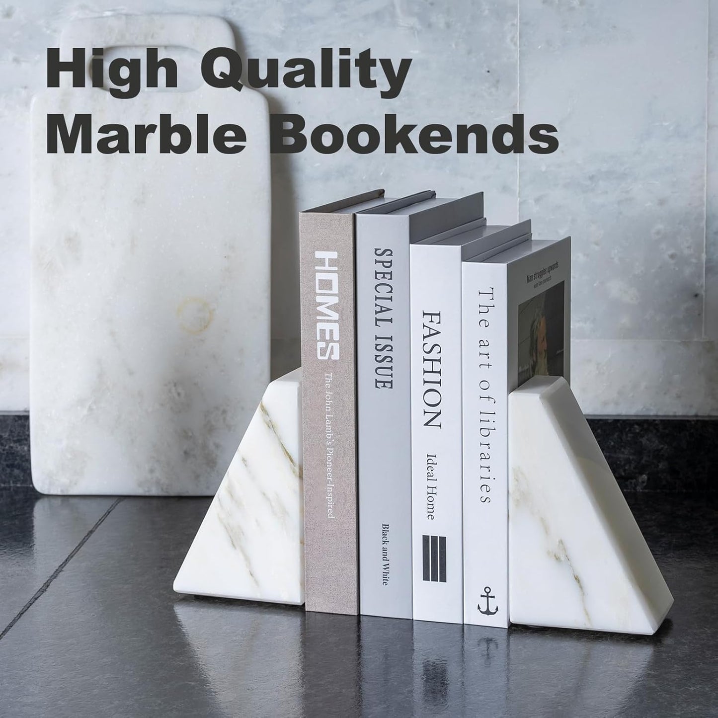 Marble Book Ends White, Heavy Duty Book Ends for Shelves, Decorative Natural Book Stopper,Unique Decorative Bookend for Home Shelves Calacatta Natural Marble Bookend, Set of 2
