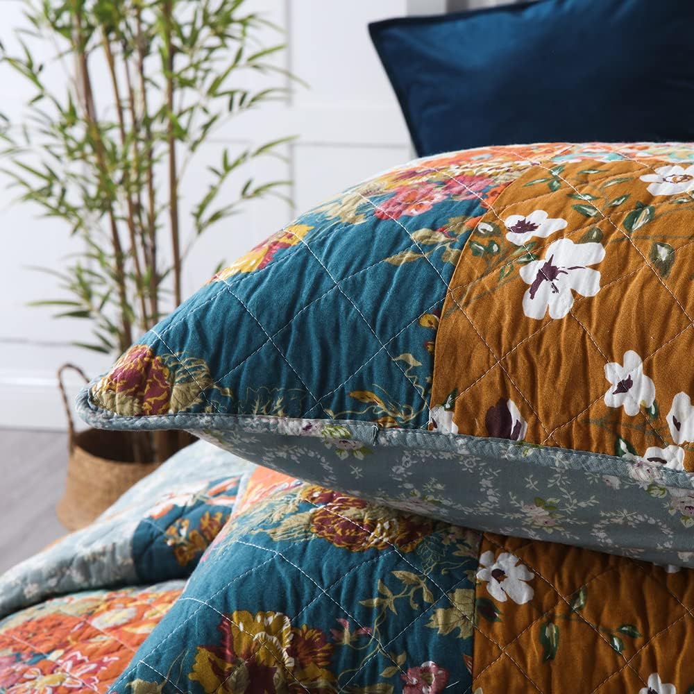 Autumn Dream Cotton Bedspread Quilt Sets Reversible Bedding Coverlet Sets Comforter, Paisley Floral Patchwork Yellow Grey Bedspread, King Size