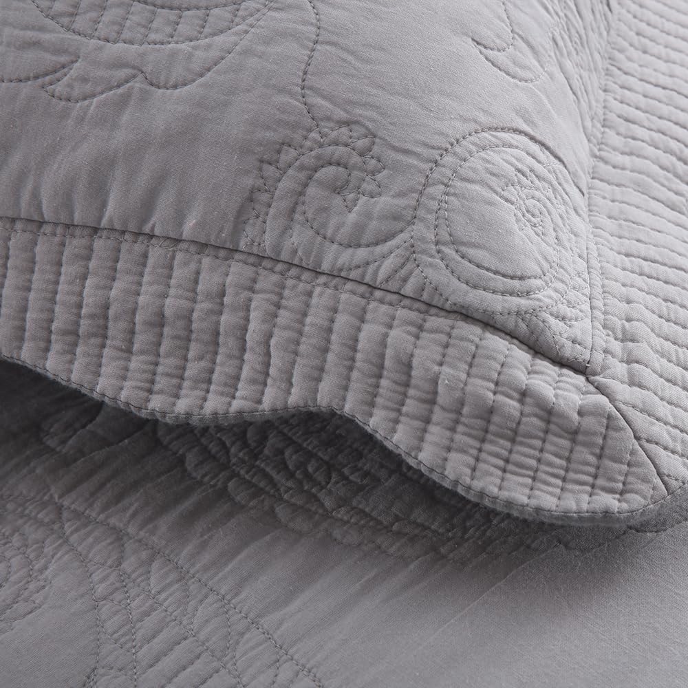 Cotton Bedspread Quilt Sets, Real Patchwork Bedding Sets with Luxury Floral Paisley Pattern, 3 Pieces Reversible Soft Lightweight Coverlet for All Season, Grey, King Size