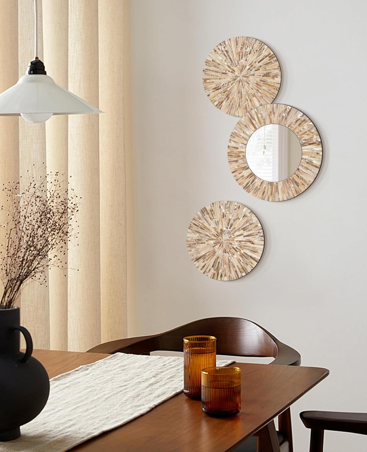 TEIPAI Boho Decorative Mirror for Living Room, 3PCS Handcrafted Mother of Pearl Mirror Wall Decor for Home Dorm Apartment Hallway Staircase, Mosaic Art Plates for Wedding Decoration (Dark Brown)