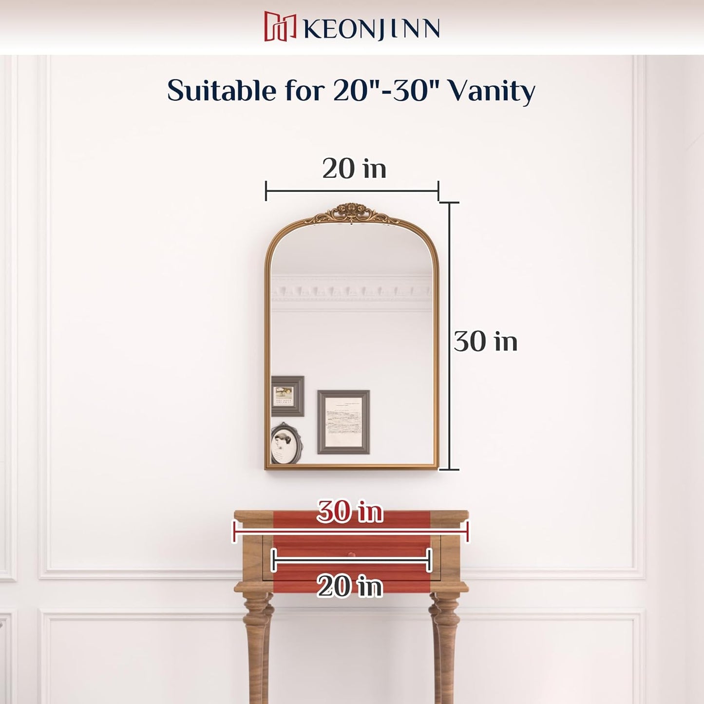 Keonjinn Vintage Gold Mirror 20" x 30", Arched Decorative Mirrors for Wall Decor, Antique Mirror Bathroom, Ornate Baroque Brass Mirror for Mantle, Entryway, Living Room, French Cleat Mounting