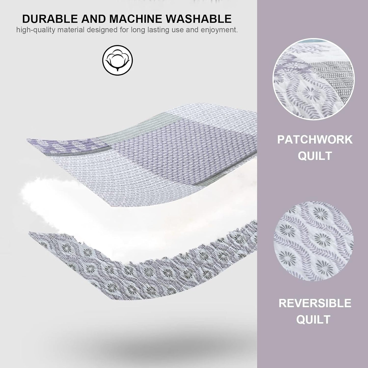 PANGUSHAN Quilt Set Queen Size, 100% Cotton Bedspread Quilt Bedding Set, Patchwork Reversible Floral Quilt for Queen Bed, Purple/Grey/White Bed Spread, Lightweight Comforter for All Season, 3 Pieces