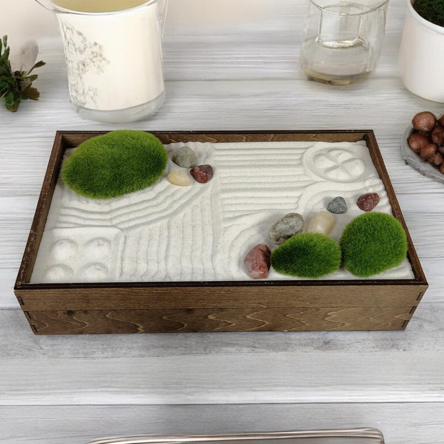 Wooden Stackable Zen Garden | White Sand with Rake & Accessories | Minimalist Decor Gift for Relaxation