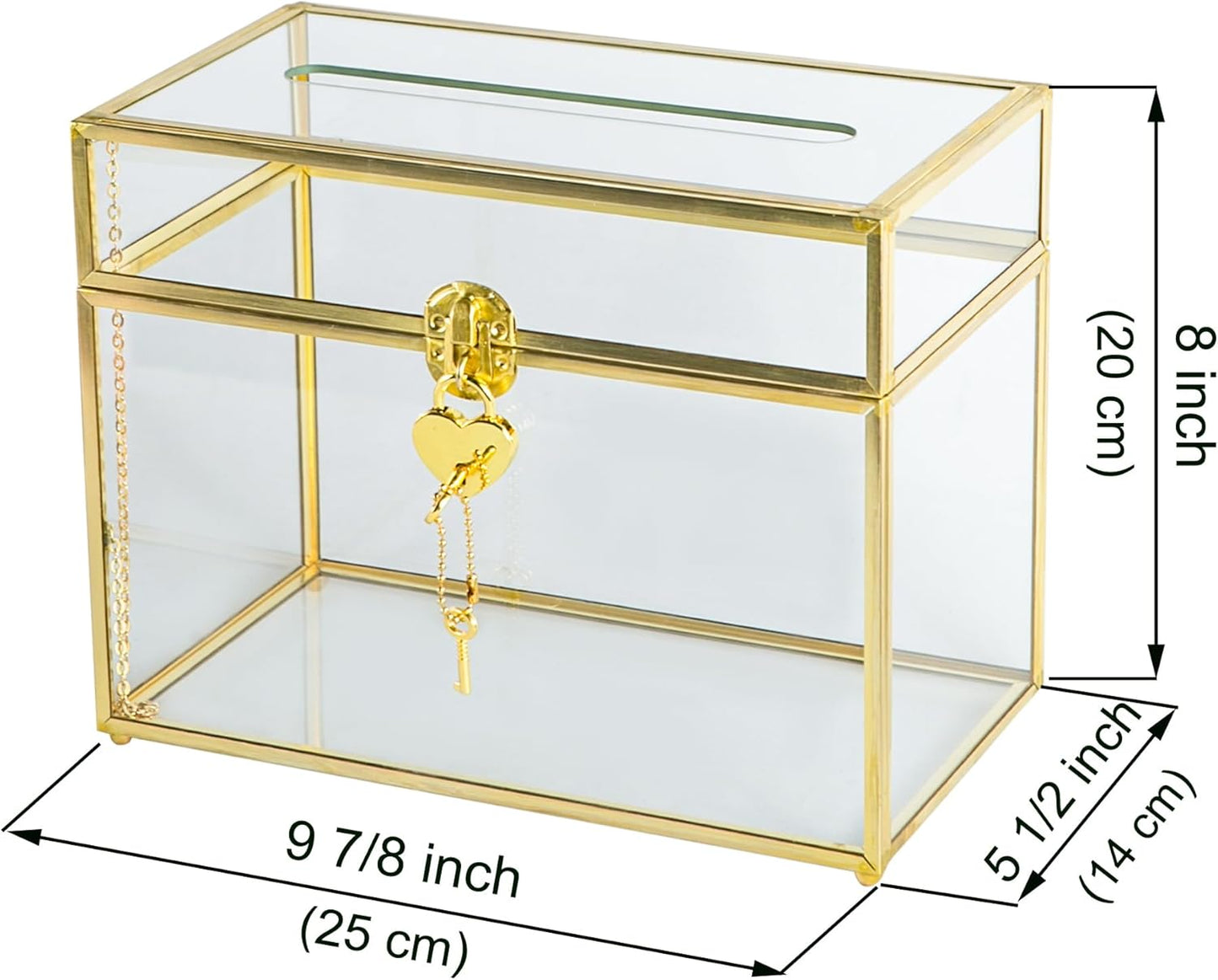 Glass Wedding Card Box with Slot, 10.2 inch Clear Card Box Gold Brass Gift Card Storage Box with Lock Perfect for Wedding Receptions, Baby Shower, Birthday Party, Bridal Shower