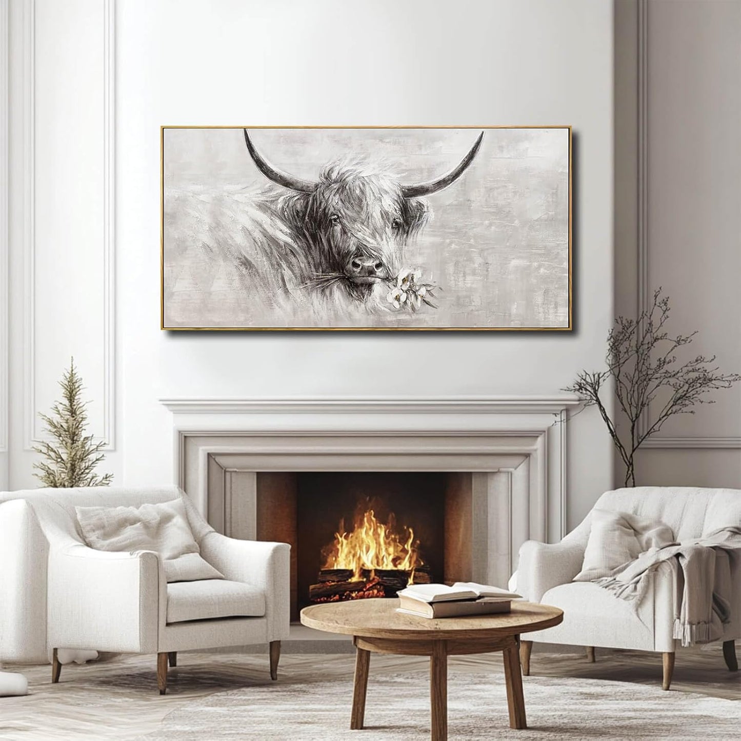 Farmhouse Wall Decor Framed Cow Artwork Grey Vintage Wall Art Canvas Flower Print Rustic Animal Pictures Style for Bedroom Dining Room 24x48 Inch