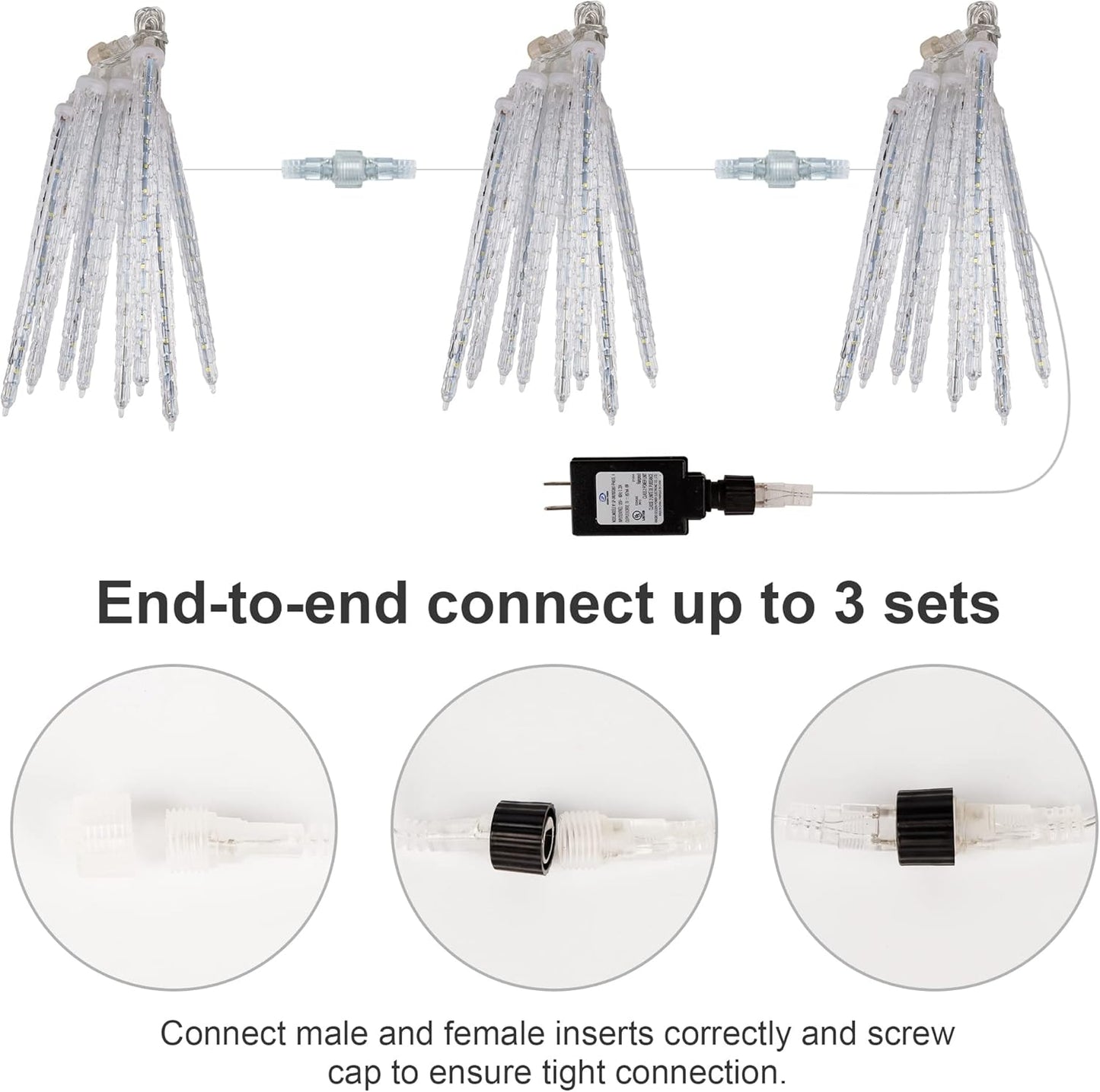 WATERGLIDE Meteor Shower Lights, 12" Outdoor Icicle Christmas Lights 8 Icicles 192 SMD LED Crystal Ice Falling Light, Connectable Raindrop Iciclelight, Xmas Winter Party Tree Holiday Decor, White